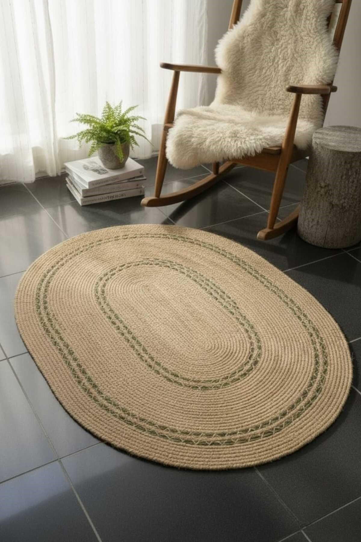 Doğal Jüt Oval Halı Yeşil Desen Detaylı Bohem Modern Dekoratif Salon Halısı
