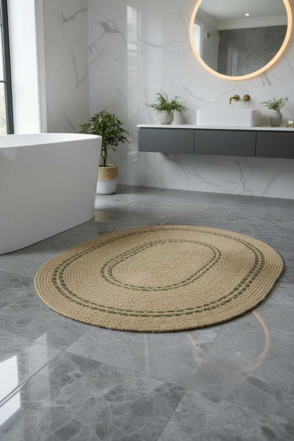 Doğal Jüt Oval Halı Yeşil Desen Detaylı Bohem Modern Dekoratif Salon Halısı