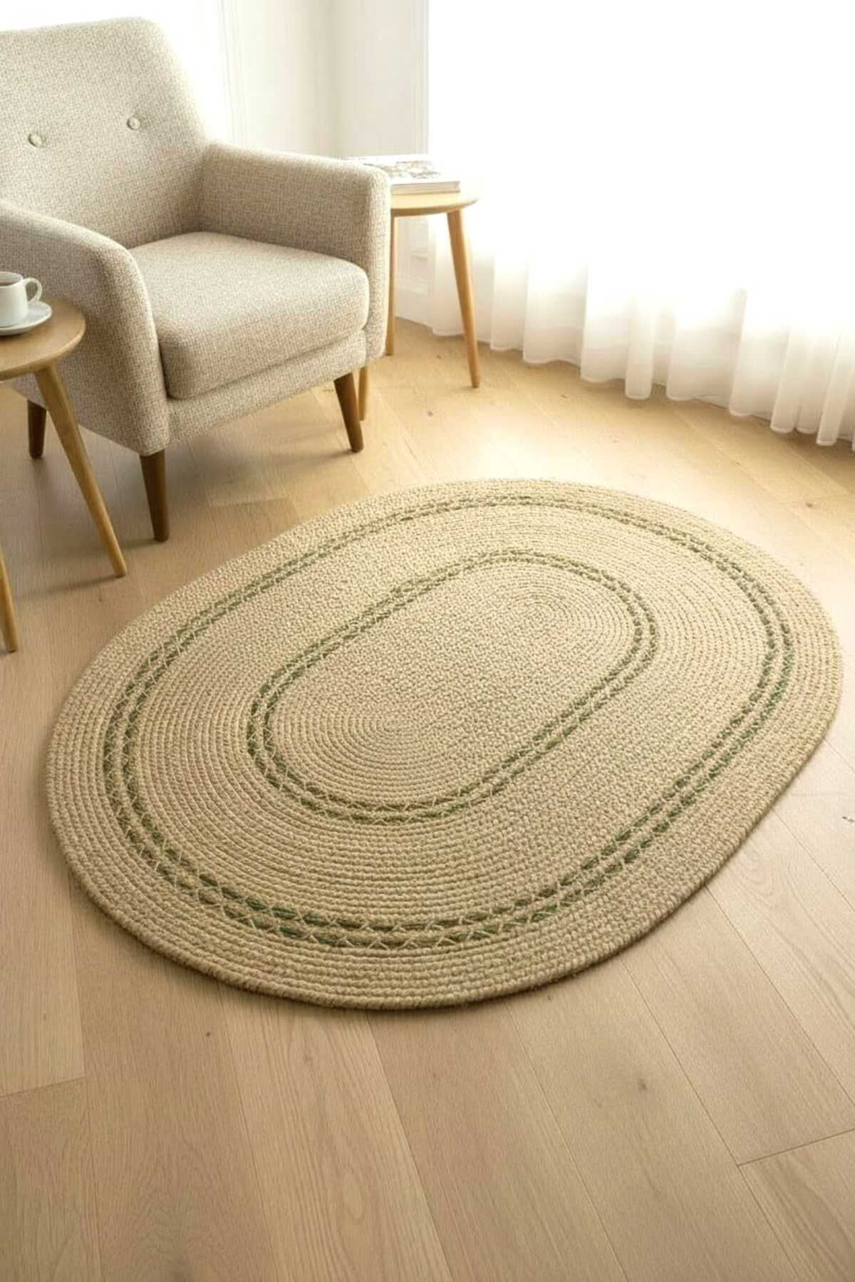 Doğal Jüt Oval Halı Yeşil Desen Detaylı Bohem Modern Dekoratif Salon Halısı