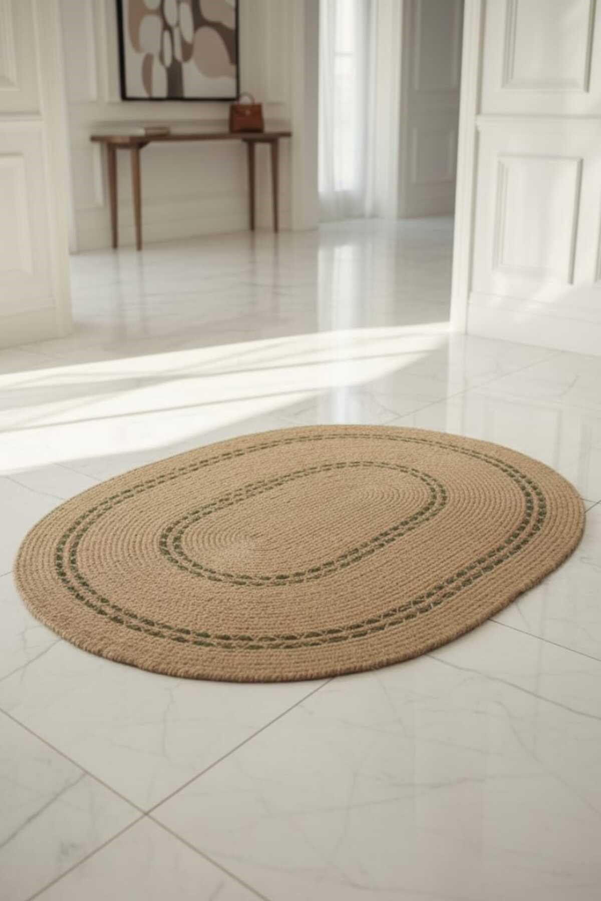 Doğal Jüt Oval Halı Yeşil Desen Detaylı Bohem Modern Dekoratif Salon Halısı