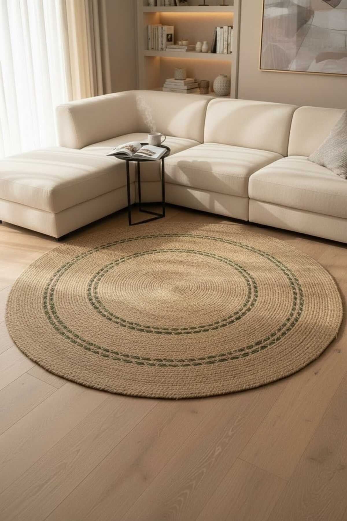 Doğal Jüt Yuvarlak Halı Yeşil Desen Detaylı Bohem Modern Dekoratif Salon Halısı