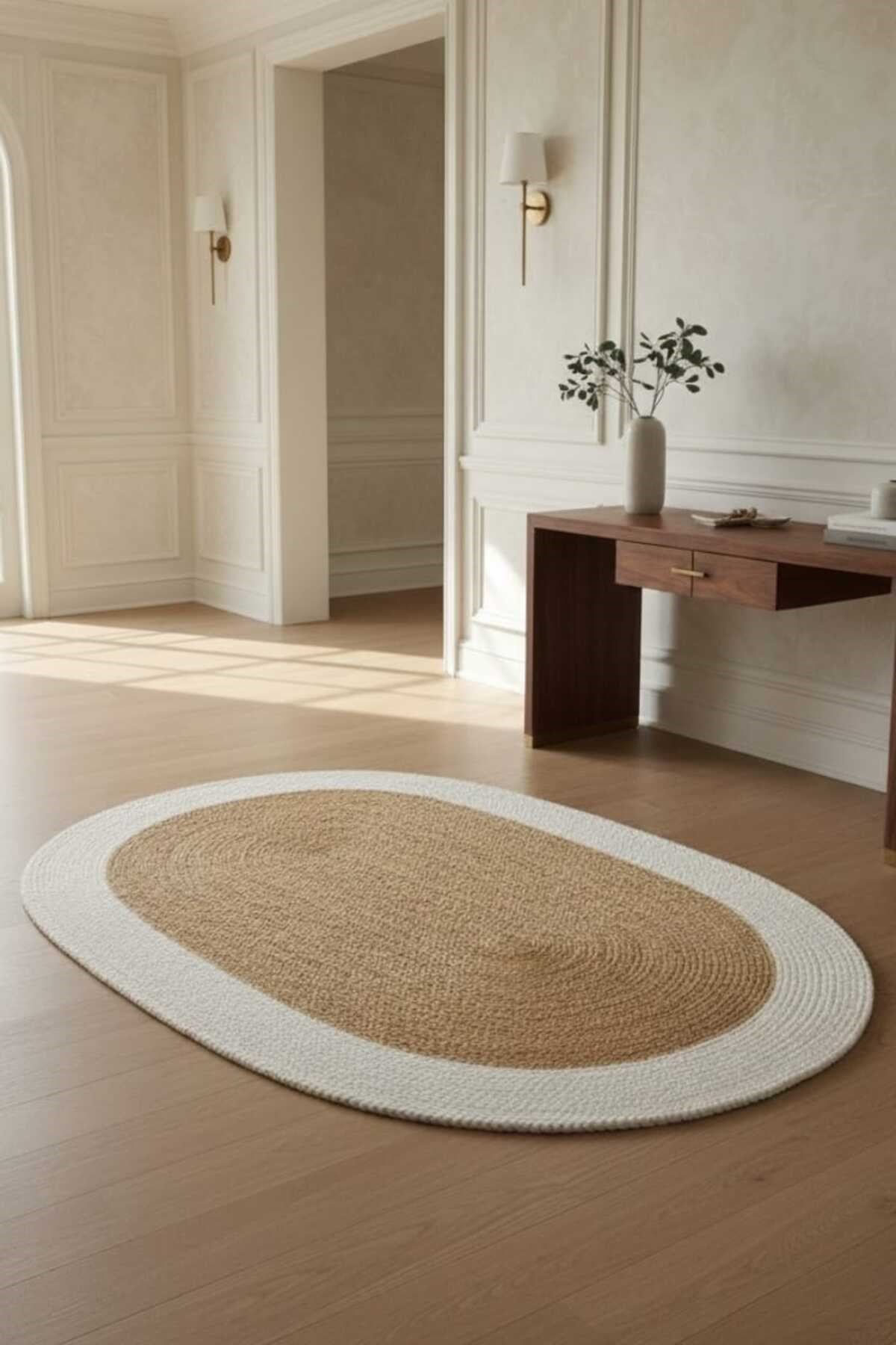 Doğal Ton Geçişli Oval Halı Krem & Kahve | Minimal Salon Dekoru | Sıcak ve Şık Zemin Dokunuşu
