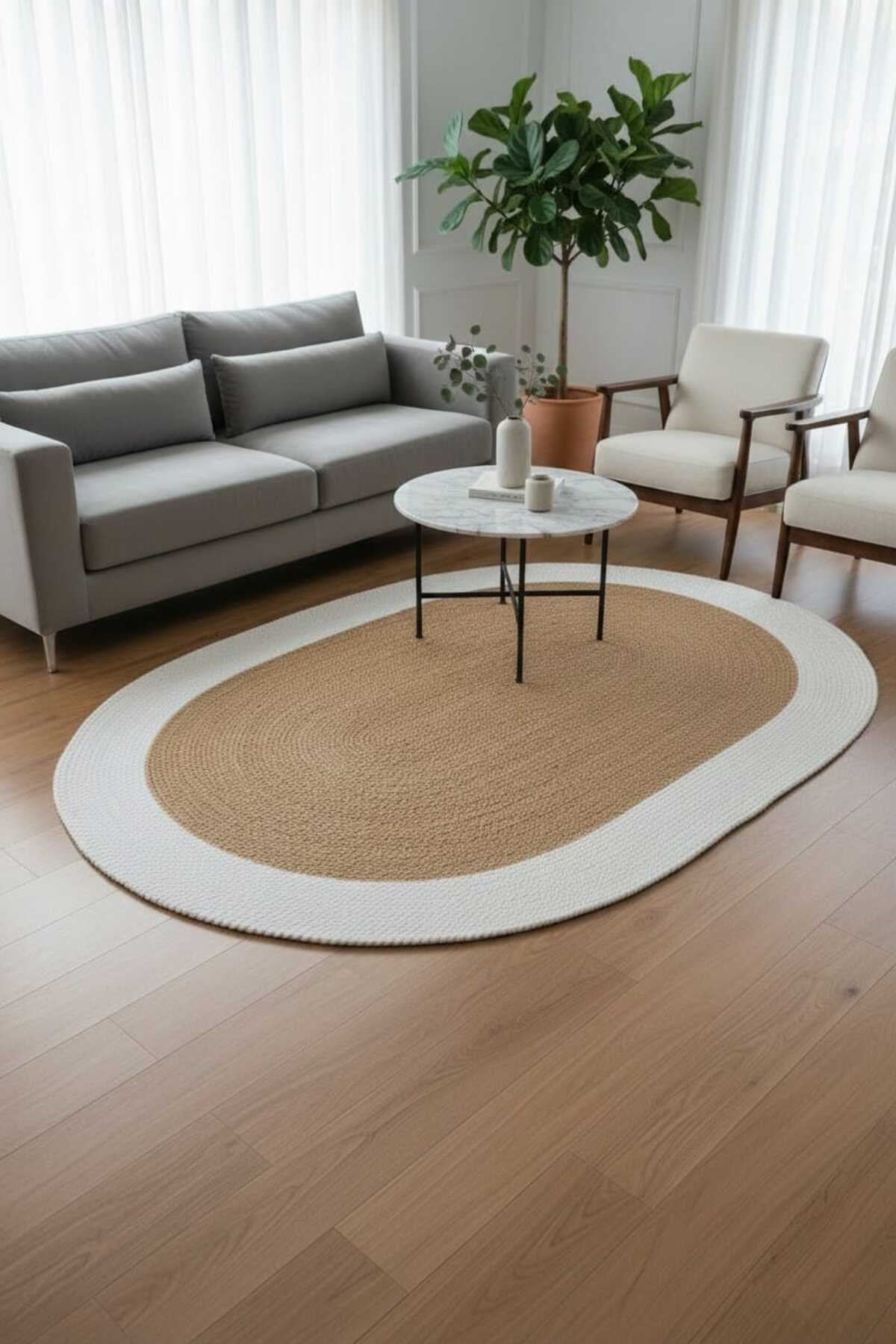 Doğal Ton Geçişli Oval Halı Krem & Kahve | Minimal Salon Dekoru | Sıcak ve Şık Zemin Dokunuşu