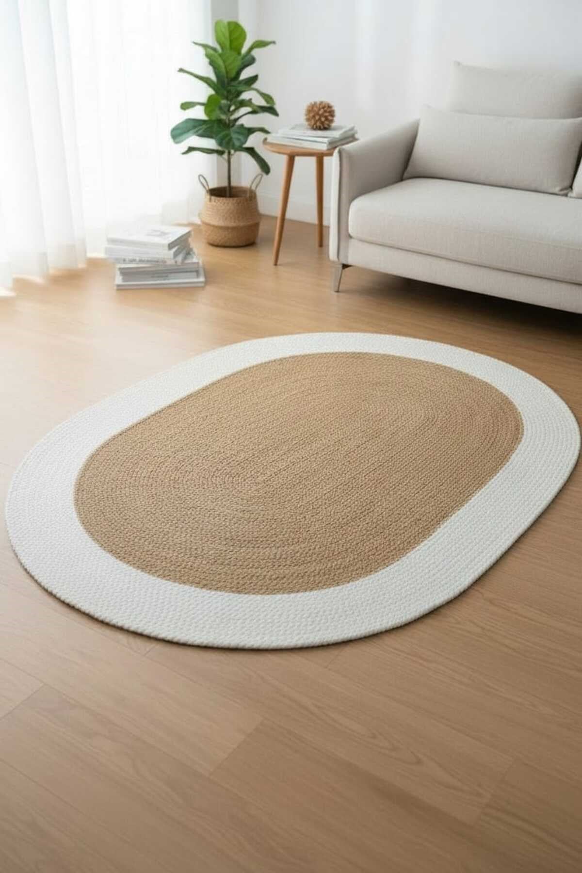 Doğal Ton Geçişli Oval Halı Krem & Kahve | Minimal Salon Dekoru | Sıcak ve Şık Zemin Dokunuşu