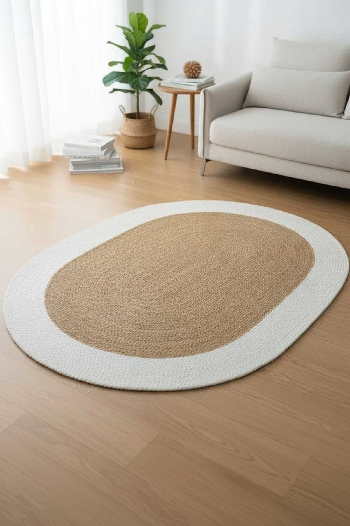 Doğal Ton Geçişli Oval Halı Krem & Kahve | Minimal Salon Dekoru | Sıcak ve Şık Zemin Dokunuşu