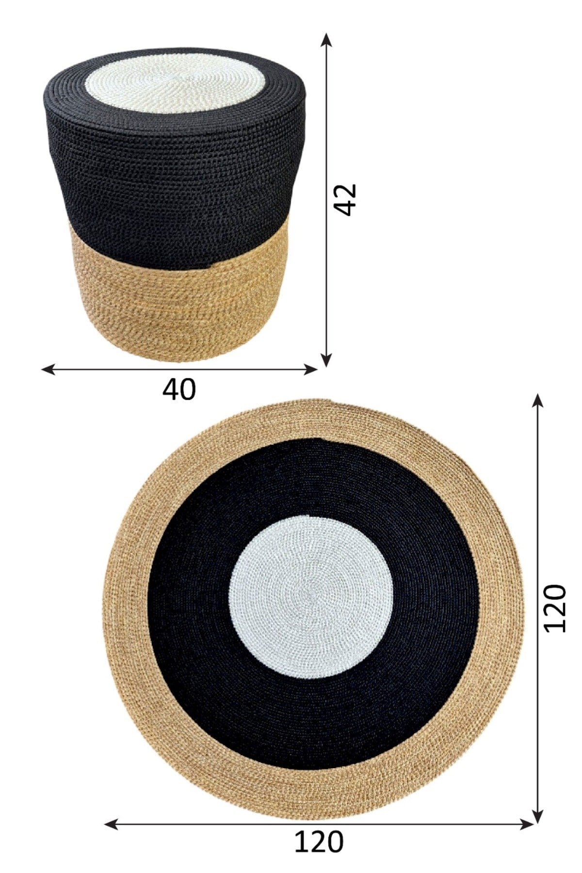 El Örgüsü Puf + Halı 120 cm Seti Yuvarlak Dekoratif, Leke Tutmaz & Sıvı Tutmaz Modern Tasarım