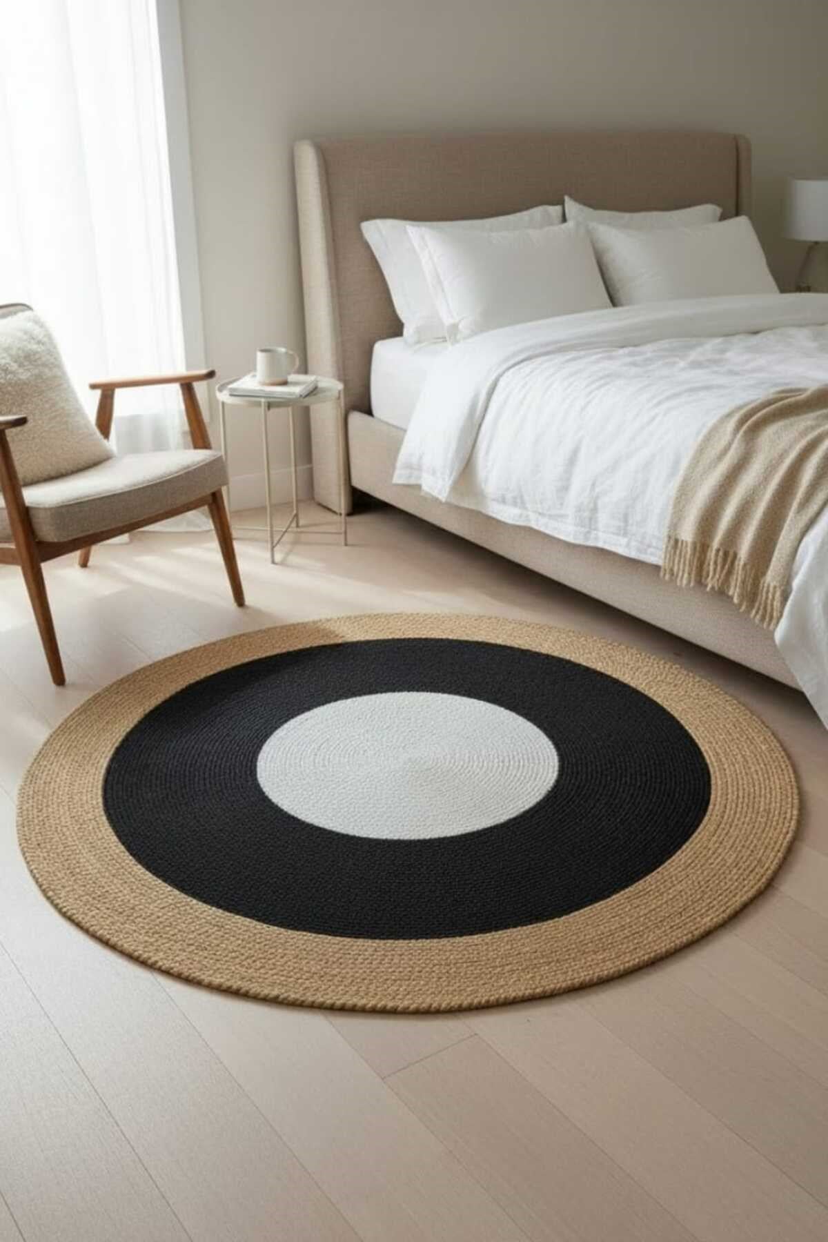 El Örgüsü Puf + Halı 120 cm Seti Yuvarlak Dekoratif, Leke Tutmaz & Sıvı Tutmaz Modern Tasarım