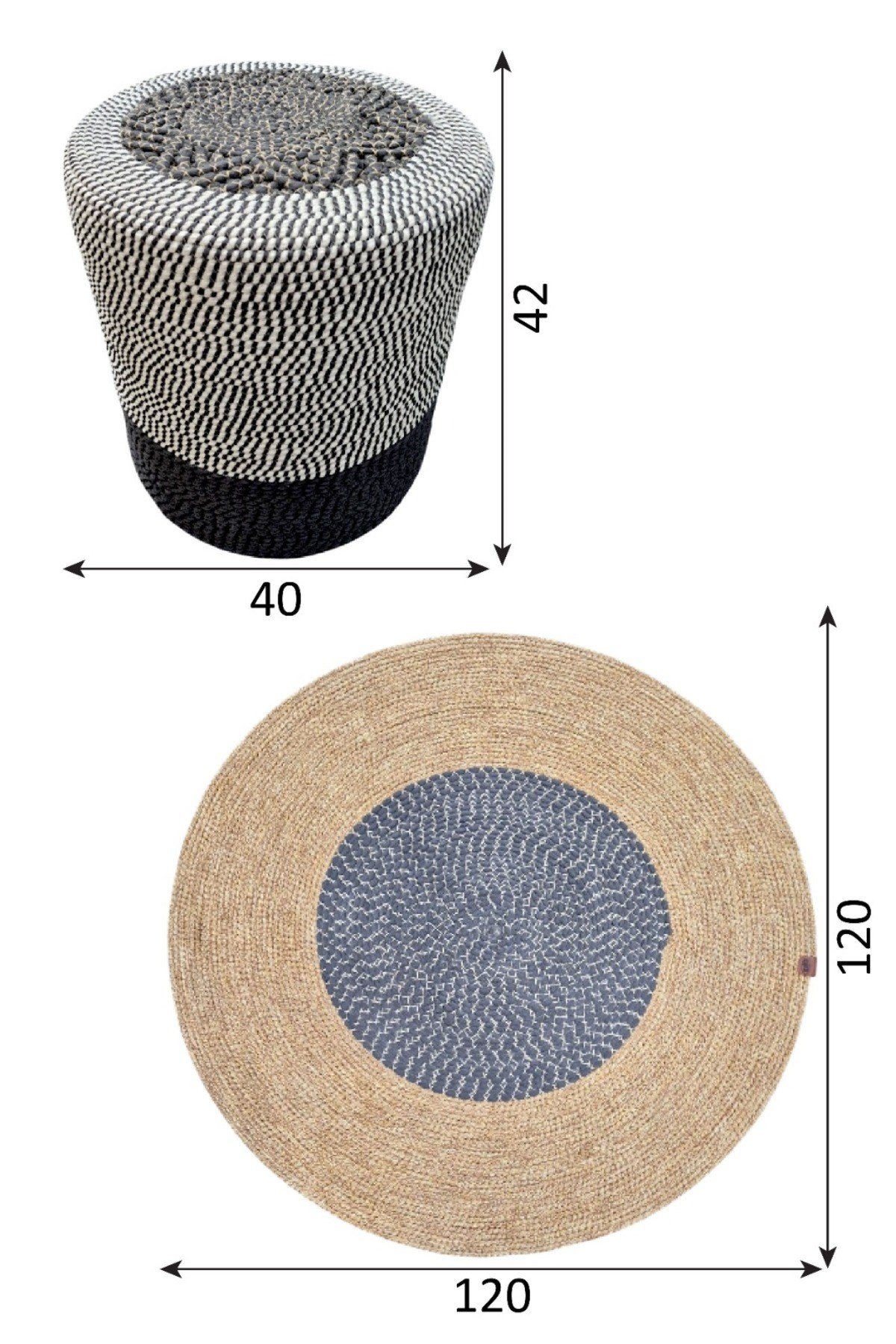 El Örgüsü Puf + Halı 120 cm Seti Yuvarlak Dekoratif, Leke Tutmaz & Sıvı Tutmaz Modern Tasarım
