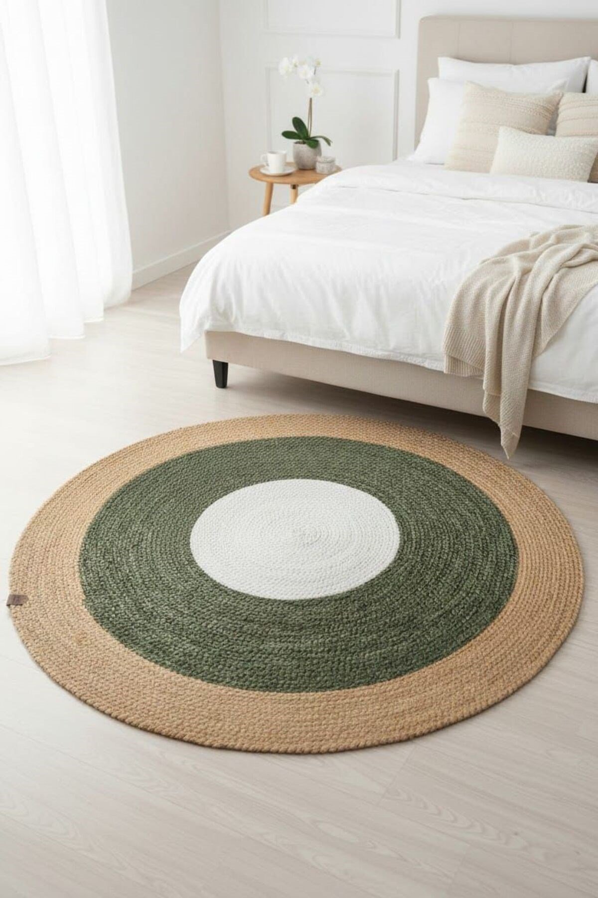El Örgüsü Puf + Halı 120 cm Seti Yuvarlak Dekoratif, Leke Tutmaz & Sıvı Tutmaz Modern Tasarım