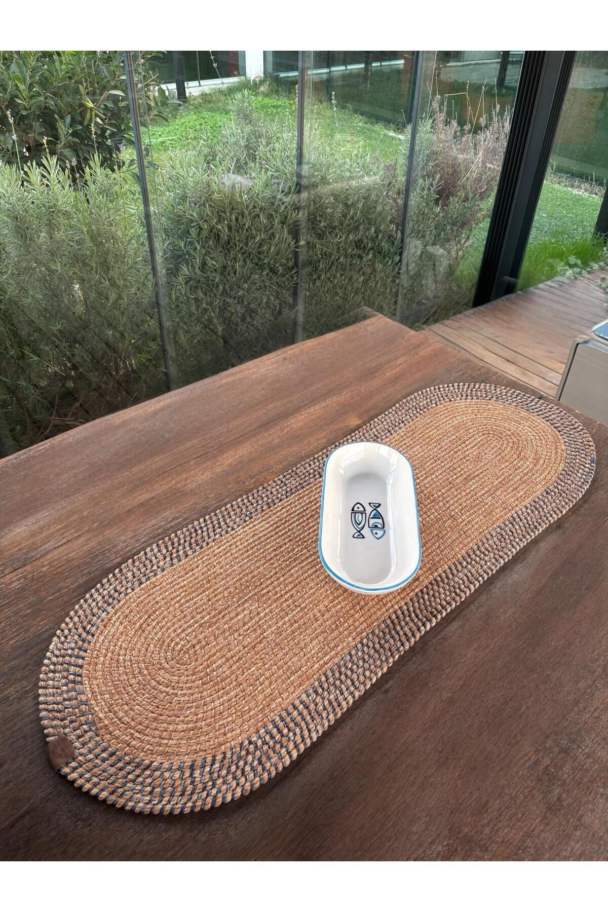 El Yapımı Görünümlü Modern Dokulu Mavi/Natural Oval Runner – Masa Üstü Dekor 35 x 100 cm
