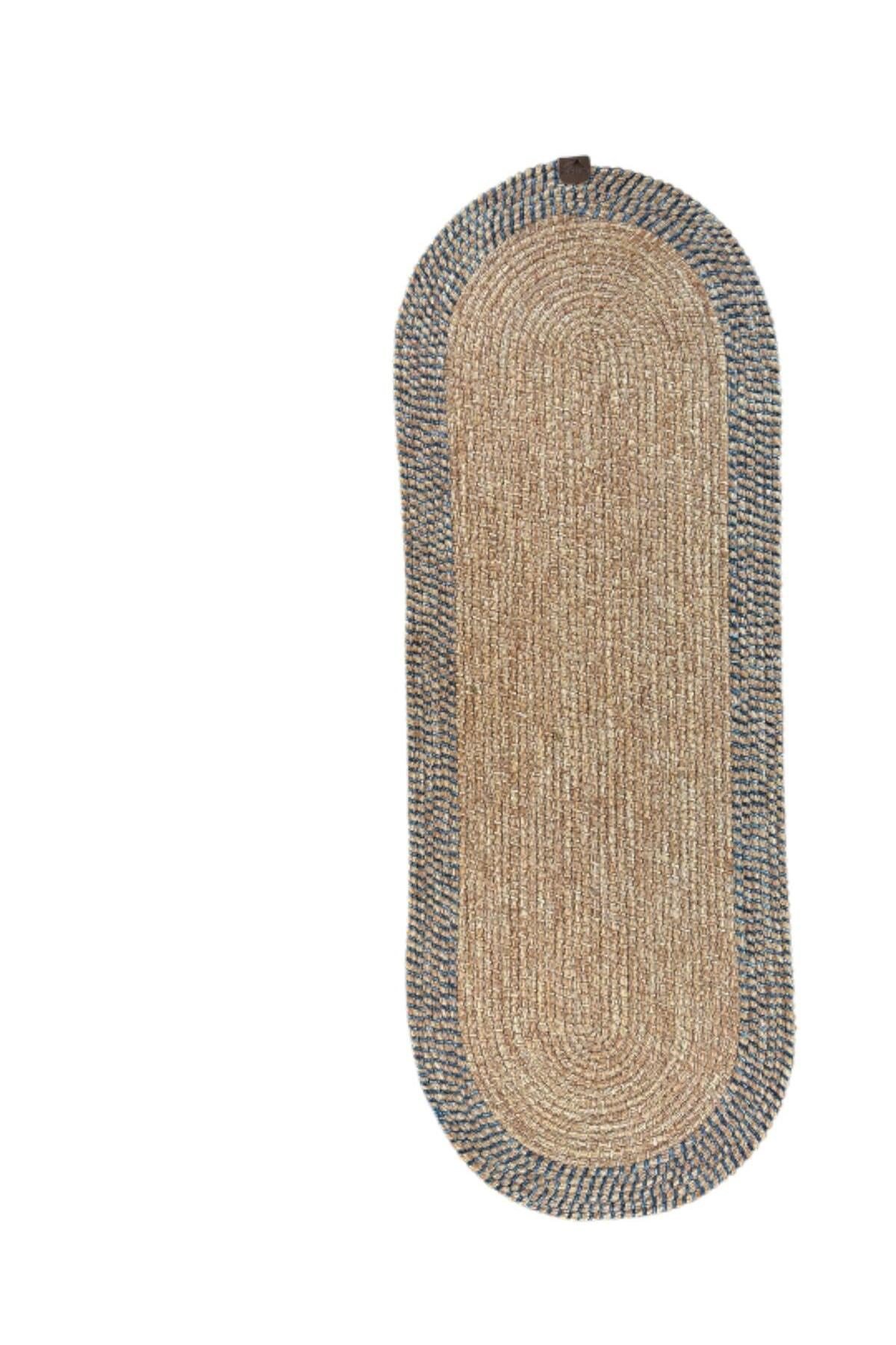 El Yapımı Görünümlü Modern Dokulu Mavi/Natural Oval Runner – Masa Üstü Dekor 35 x 100 cm