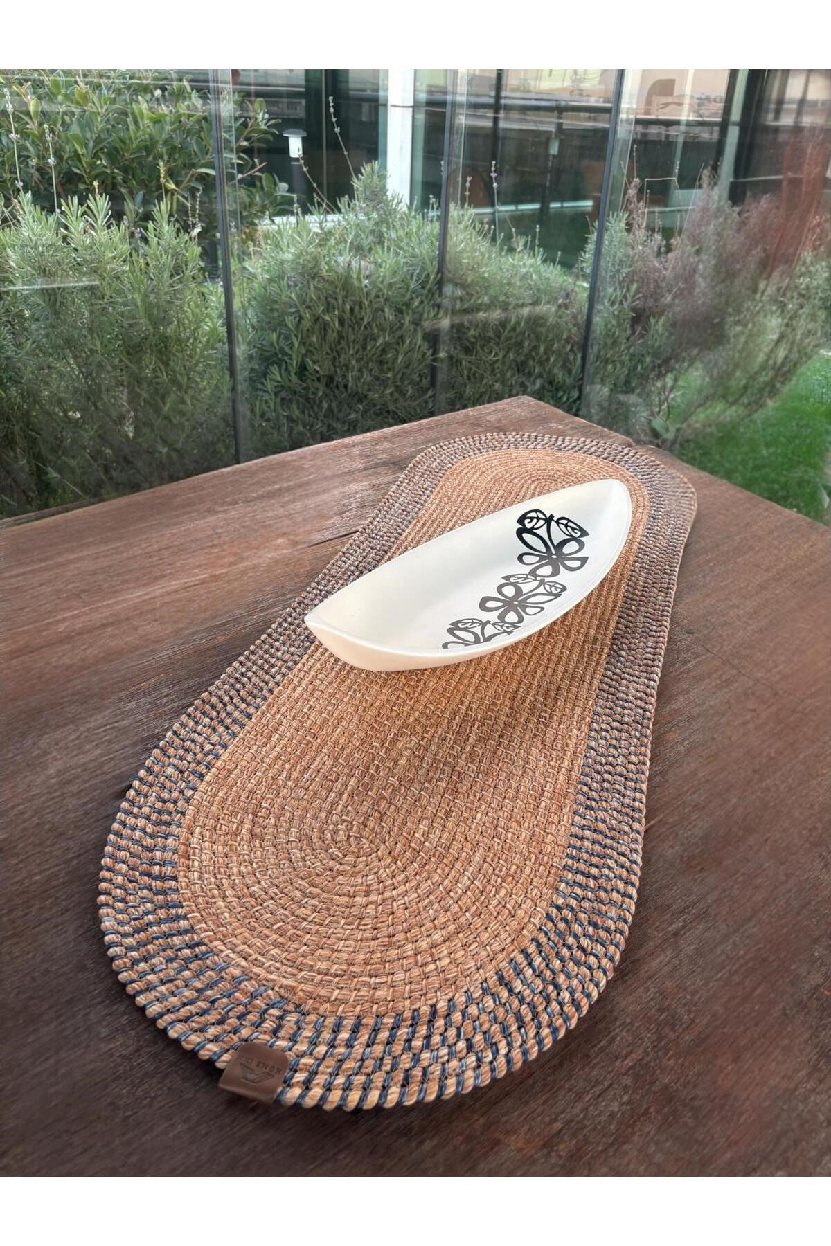 El Yapımı Görünümlü Modern Dokulu Mavi/Natural Oval Runner – Masa Üstü Dekor 35 x 100 cm