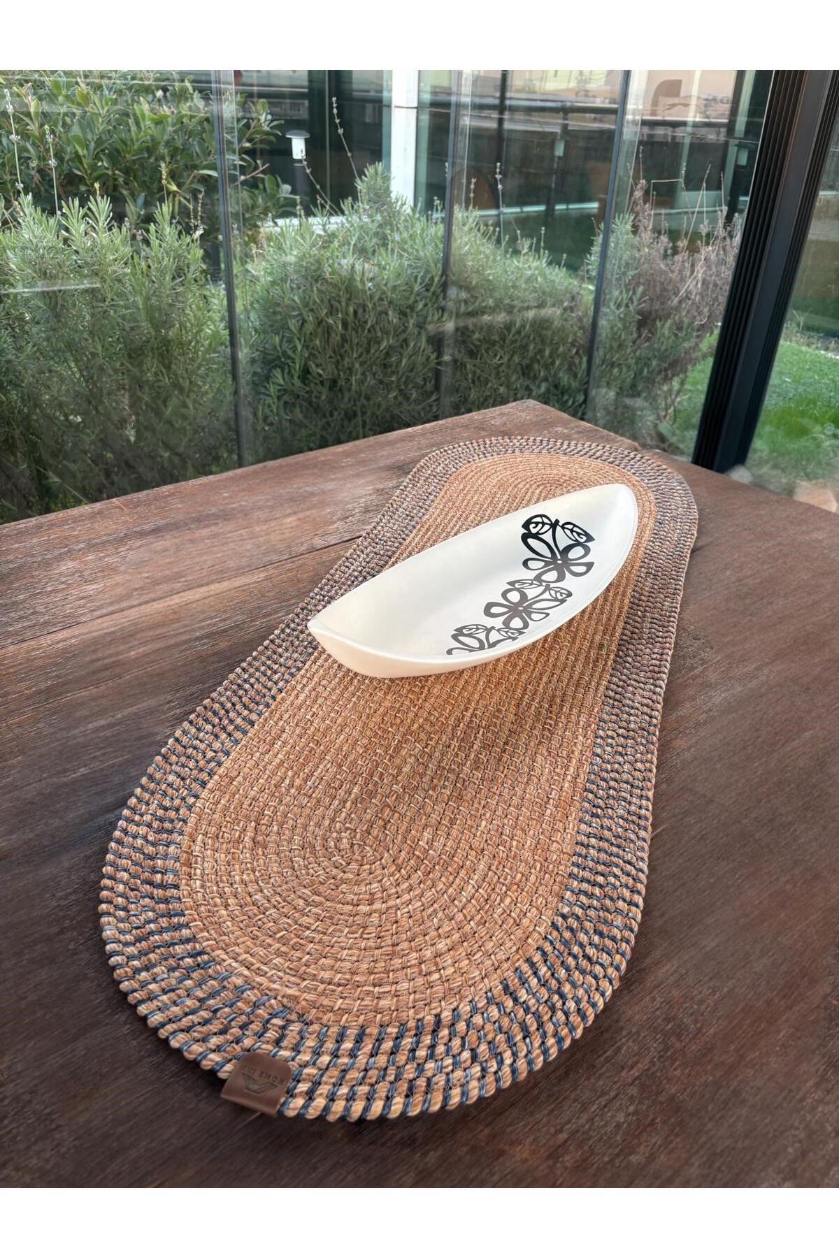 El Yapımı Görünümlü Modern Dokulu Mavi/Natural Oval Runner – Masa Üstü Dekor 35 x 100 cm