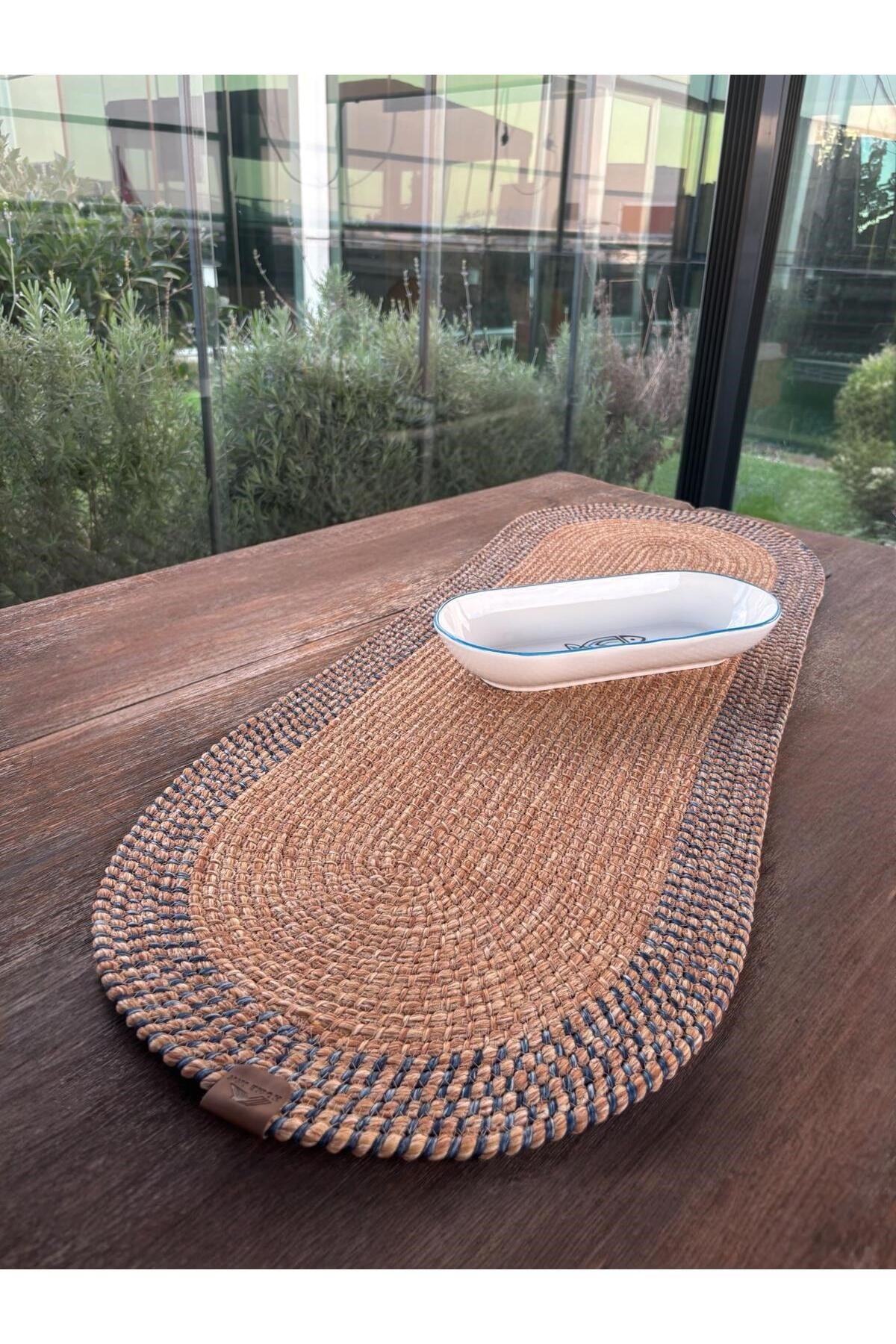 El Yapımı Görünümlü Modern Dokulu Mavi/Natural Oval Runner – Masa Üstü Dekor 35 x 100 cm
