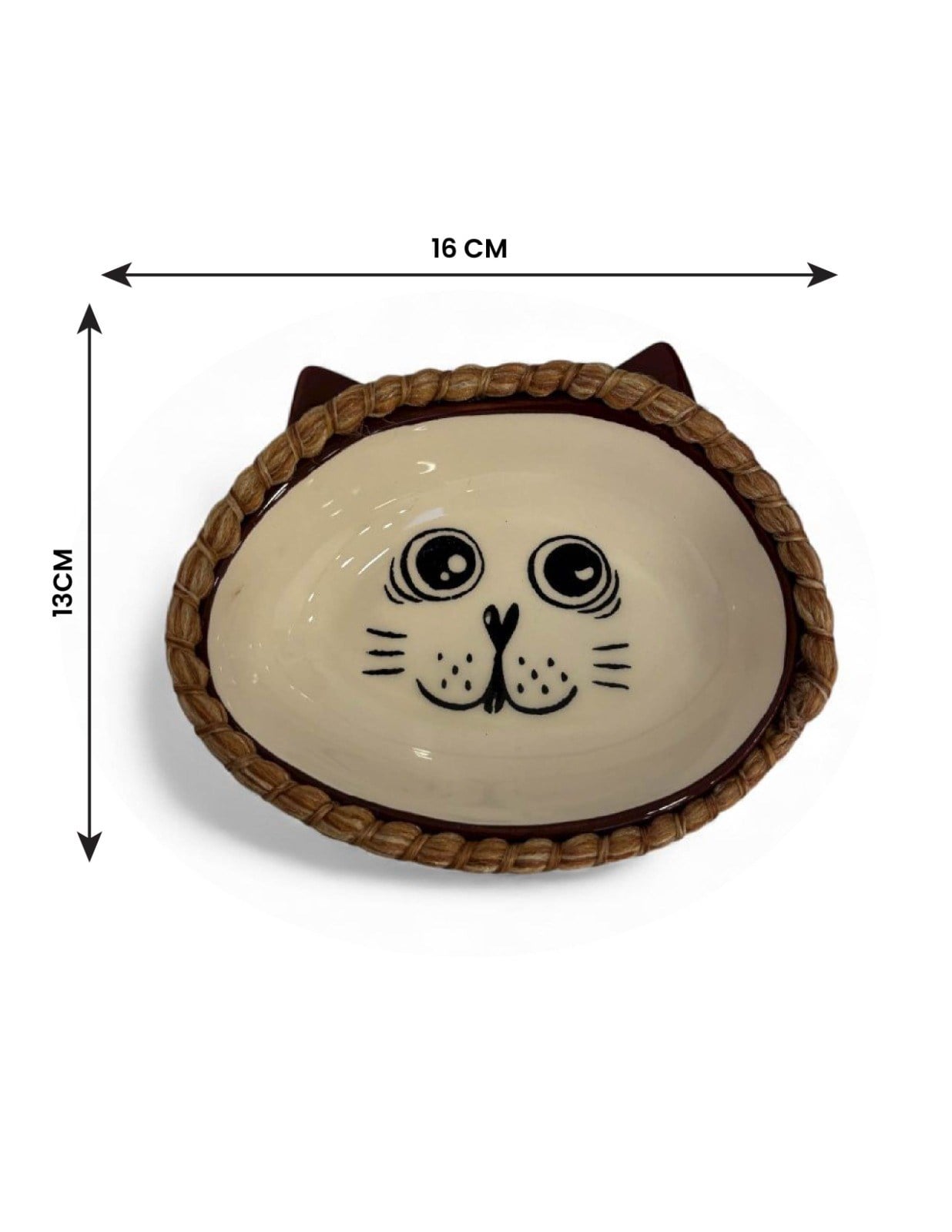 El Yapımı Mutlu Kedi Desenli Seramik Mama ve Su Kabı 16x13 cm