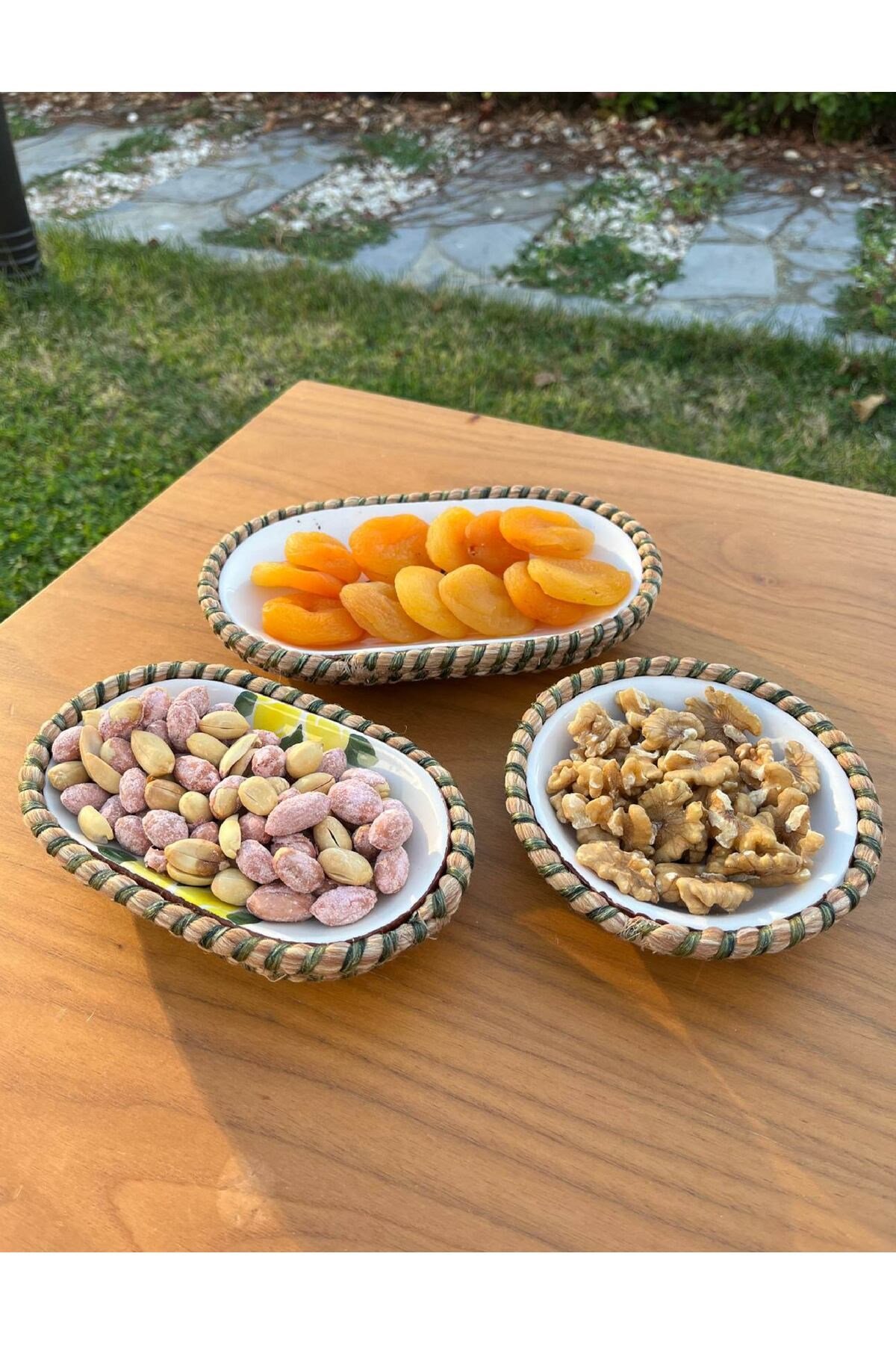 El Yapımı Sunum Kase Seti | Leke Tutmaz | Hasır Görünümlü İp Kenar Tasarım – 3’lü Sunum Seti