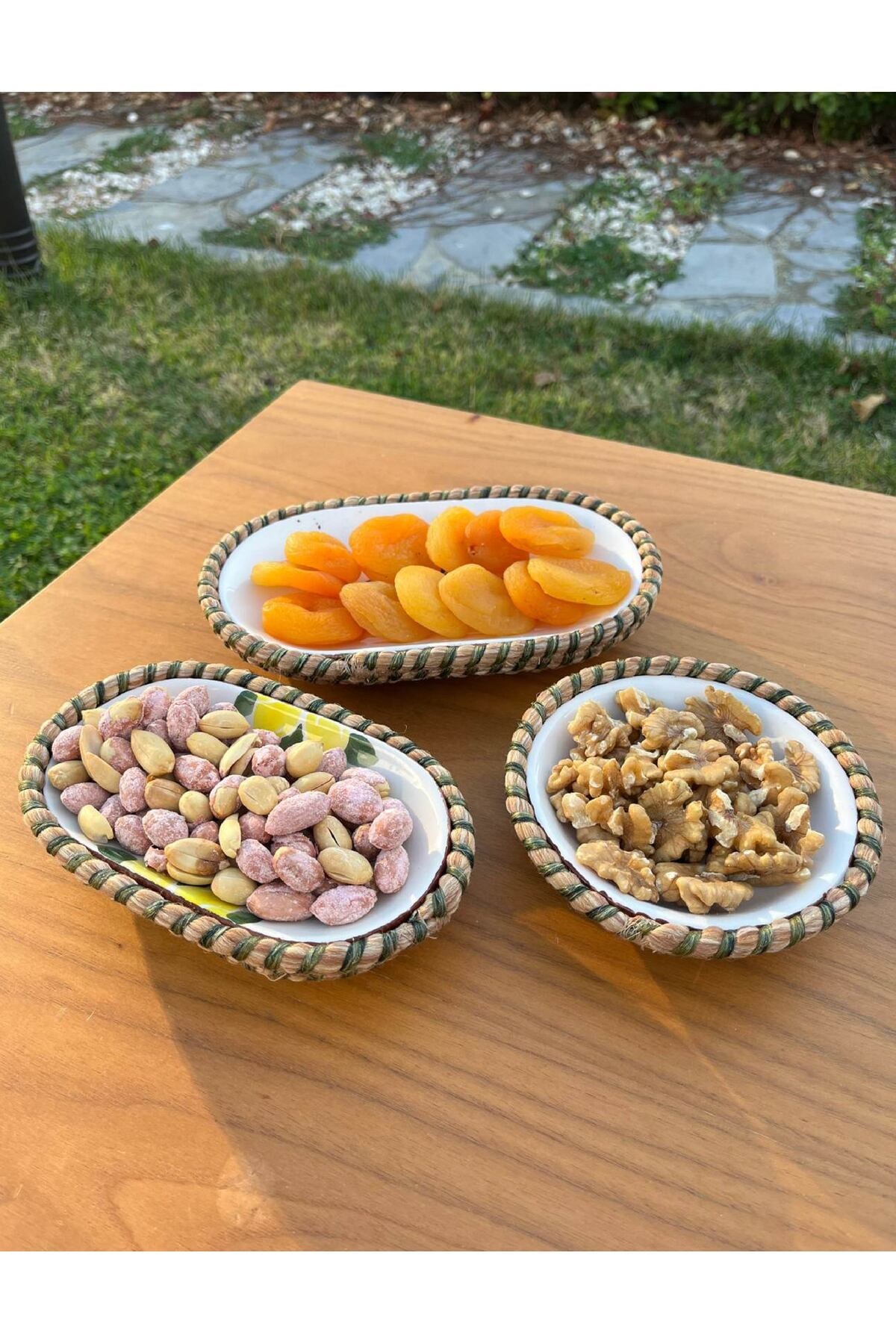 El Yapımı Sunum Kase Seti | Leke Tutmaz | Hasır Görünümlü İp Kenar Tasarım – 3’lü Sunum Seti
