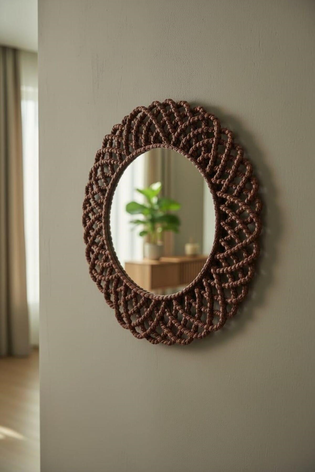 Hasır Görünümlü Dekoratif Duvar Aynası 43 cm – Bordo Renk Rustik & Bohem Ev Dekorasyon Aksesuarı