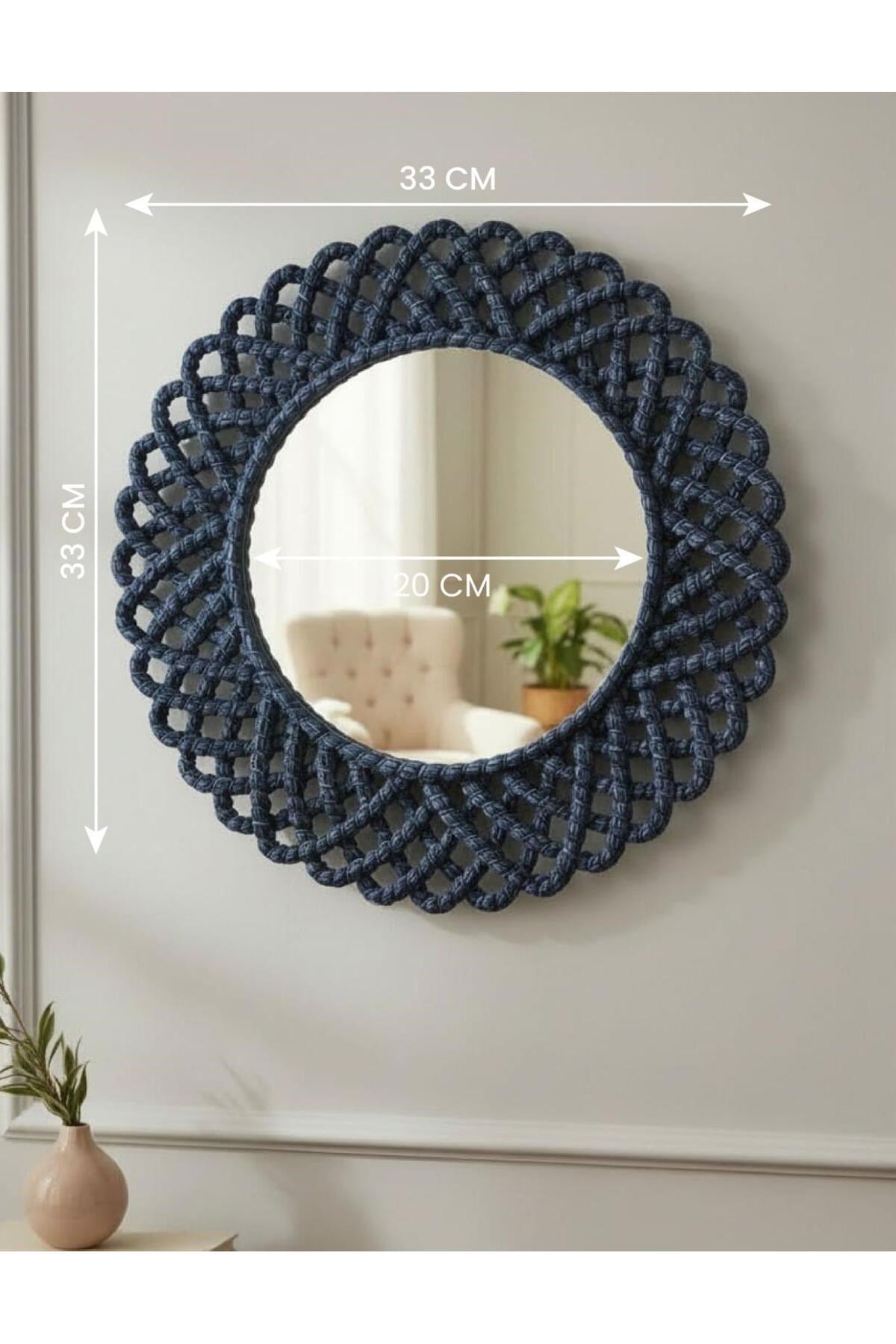 Hasır Görünümlü Dekoratif Duvar Aynası 33 cm – Mavi Renk Rustik & Bohem Ev Dekorasyon Aksesuarı