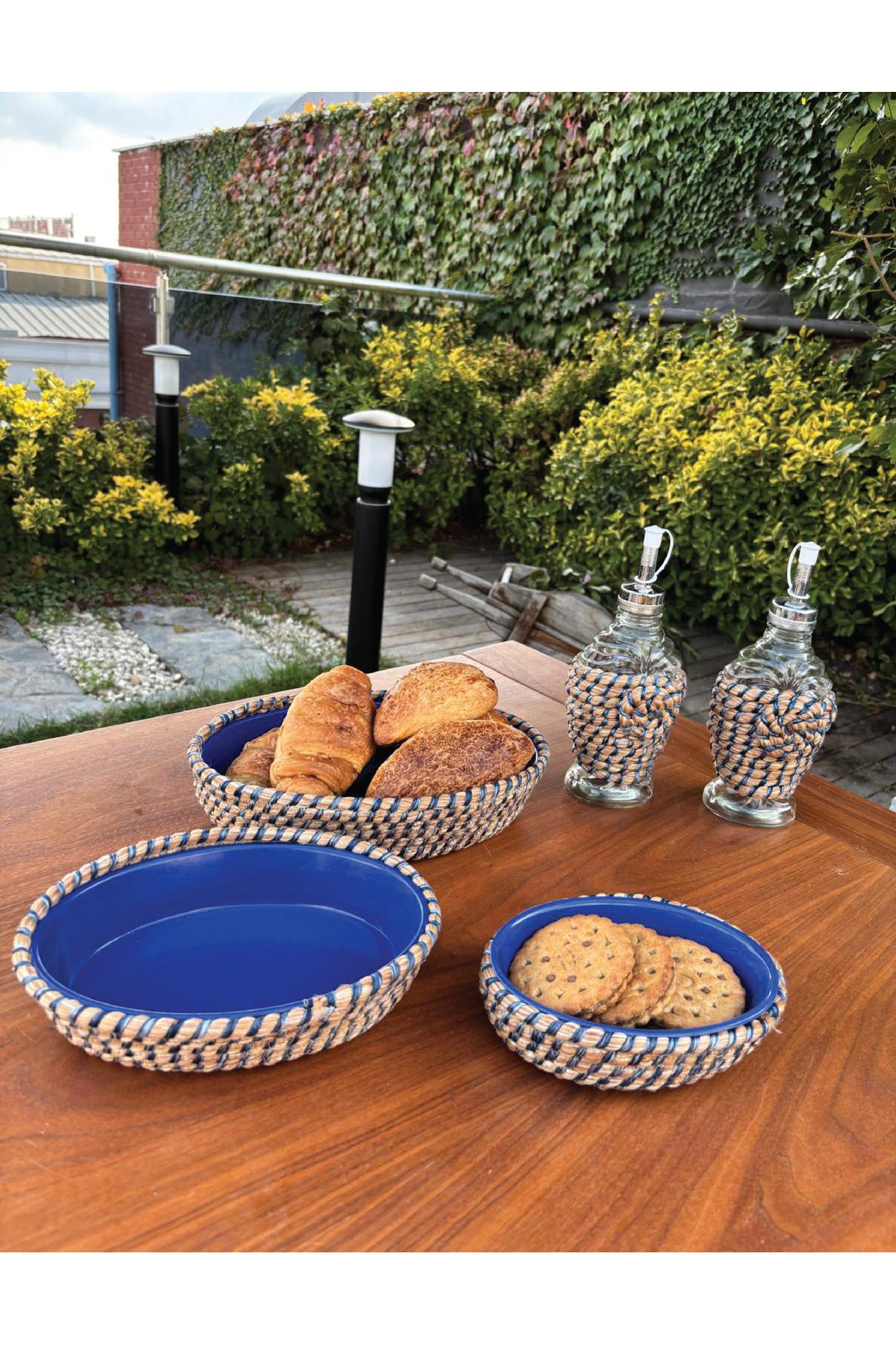 Hasır Görünümlü Leke Tutmaz 5’li Sofra Seti – Yağlık & Sirkelik Dahil El Yapımı Sunum Takımı