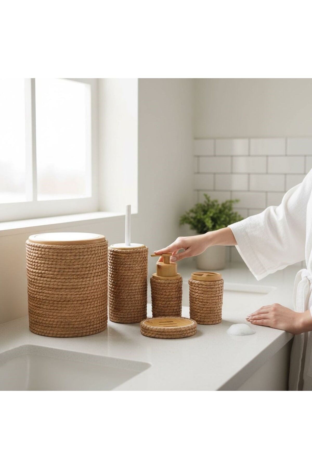 Jüt Kaplama 5 Parça Banyo Seti | Çöp Kovası Sabunluk Diş Fırçalık Natural Renk