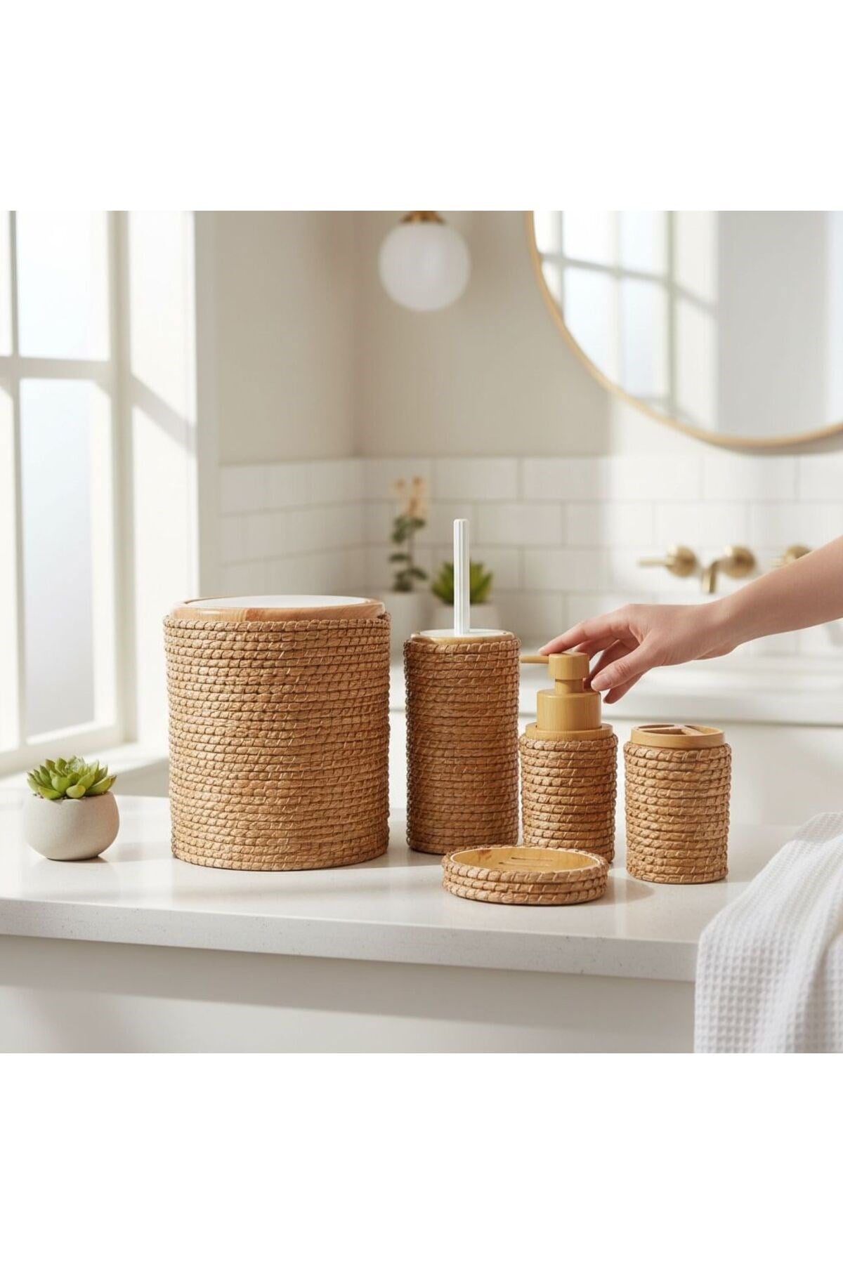Jüt Kaplama 5 Parça Banyo Seti | Çöp Kovası Sabunluk Diş Fırçalık Natural Renk