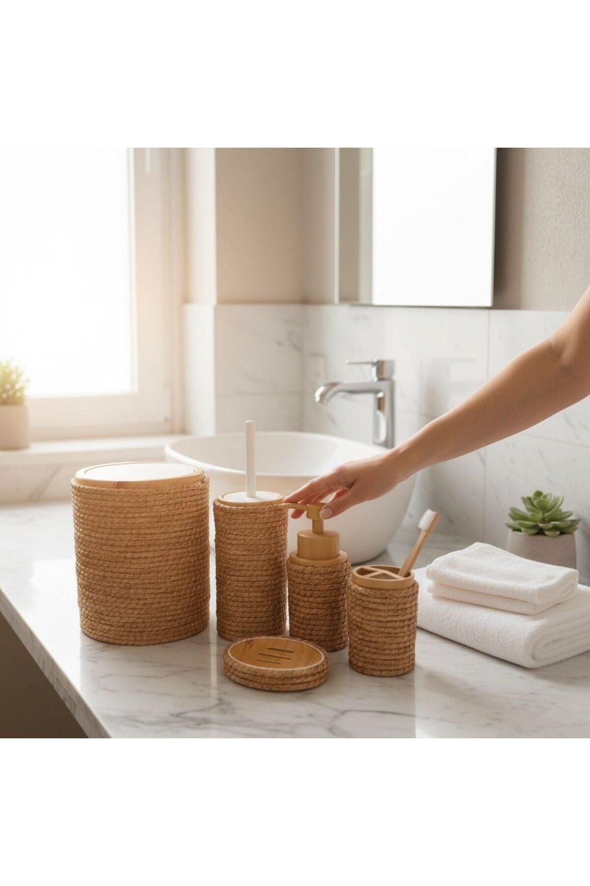 Jüt Kaplama 5 Parça Banyo Seti | Çöp Kovası Sabunluk Diş Fırçalık Natural Renk