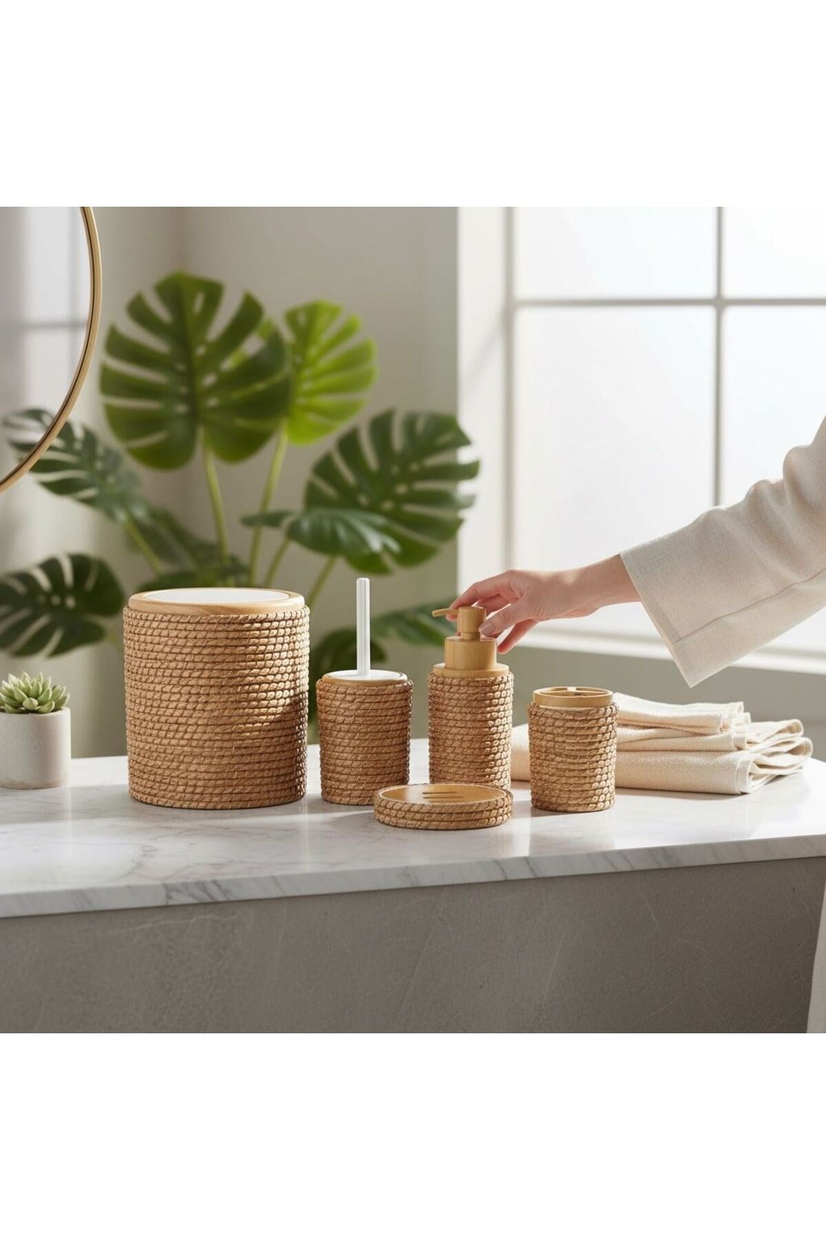 Jüt Kaplama 5 Parça Banyo Seti | Çöp Kovası Sabunluk Diş Fırçalık Natural Renk