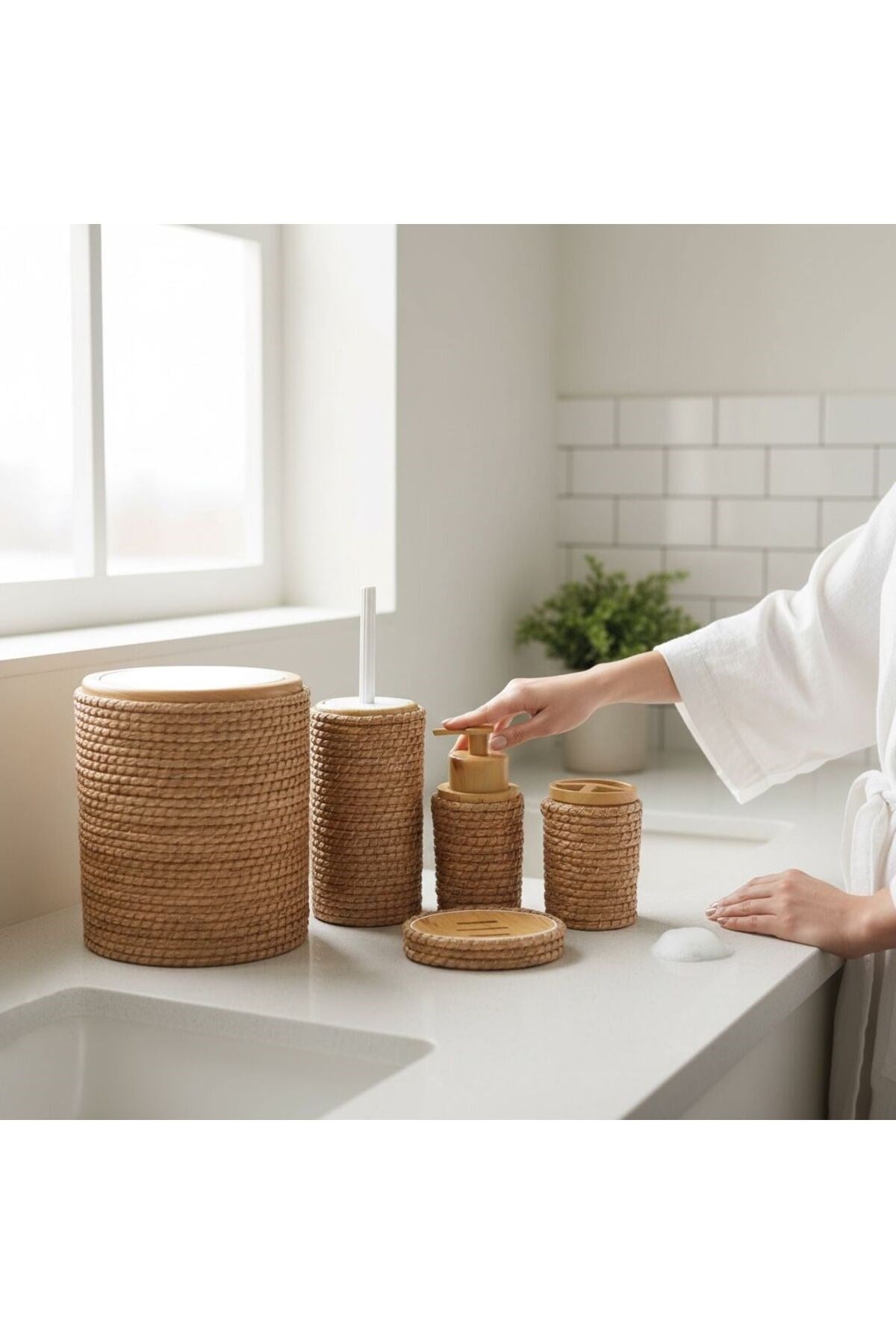 Jüt Kaplama 5 Parça Banyo Seti | Çöp Kovası Sabunluk Diş Fırçalık Natural Renk