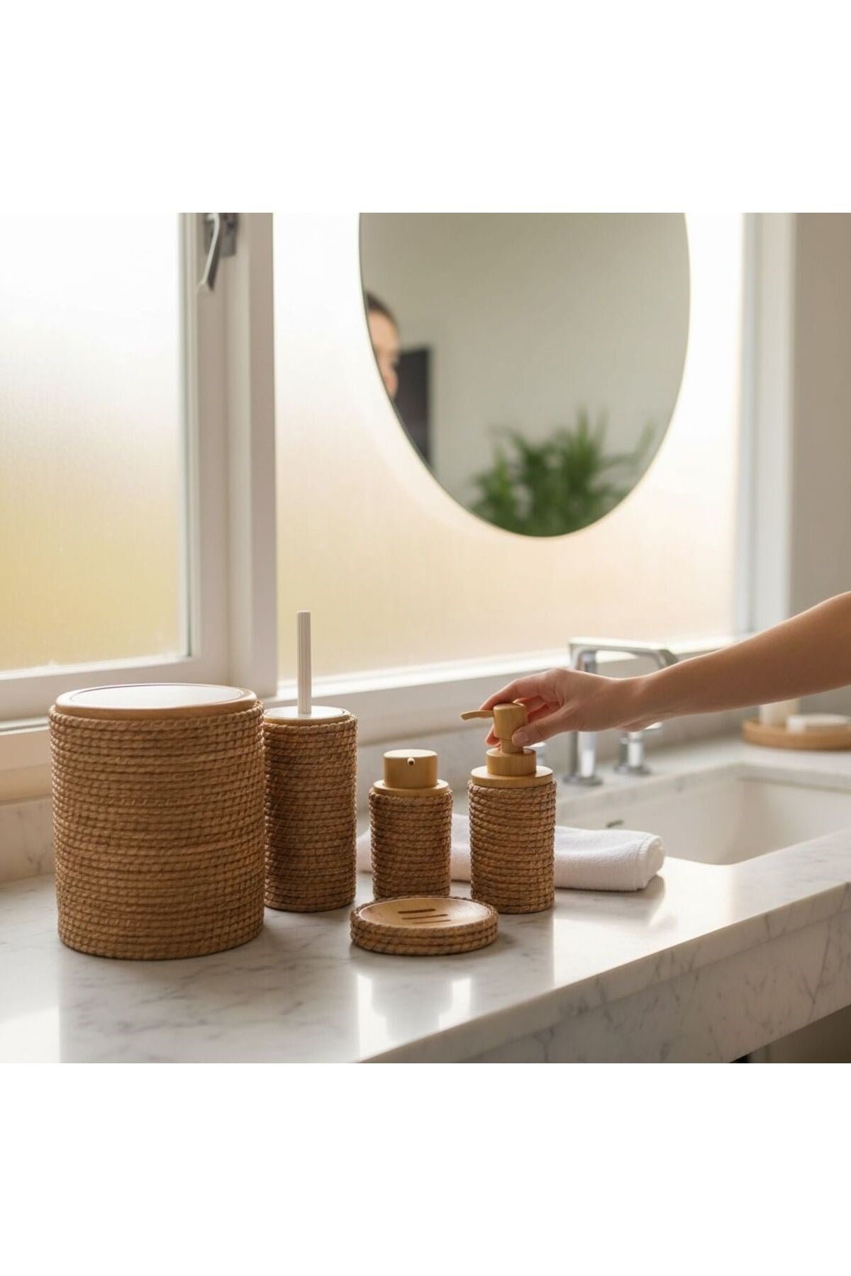 Jüt Kaplama 5 Parça Banyo Seti | Çöp Kovası Sabunluk Diş Fırçalık Natural Renk