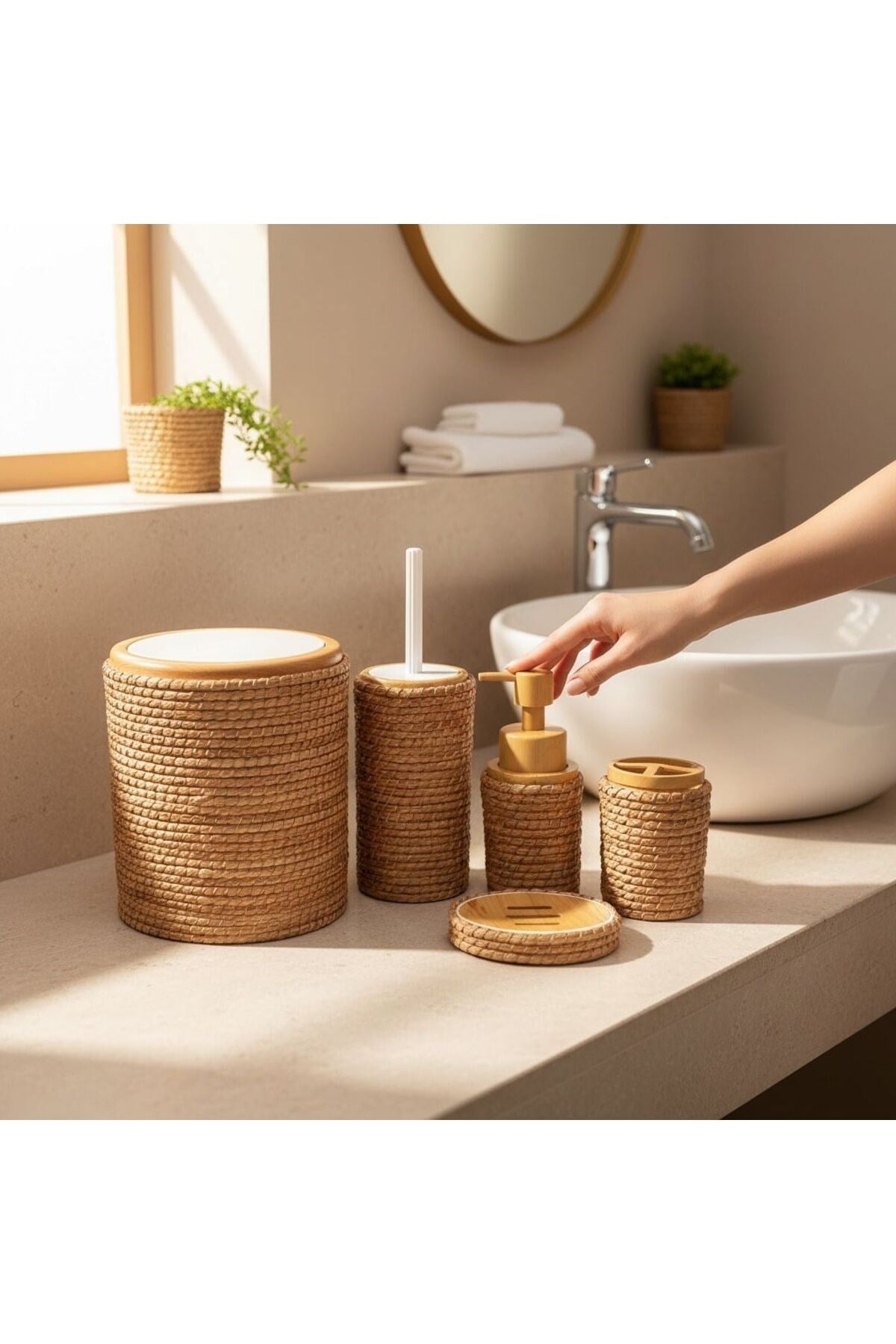 Jüt Kaplama 5 Parça Banyo Seti | Çöp Kovası Sabunluk Diş Fırçalık Natural Renk