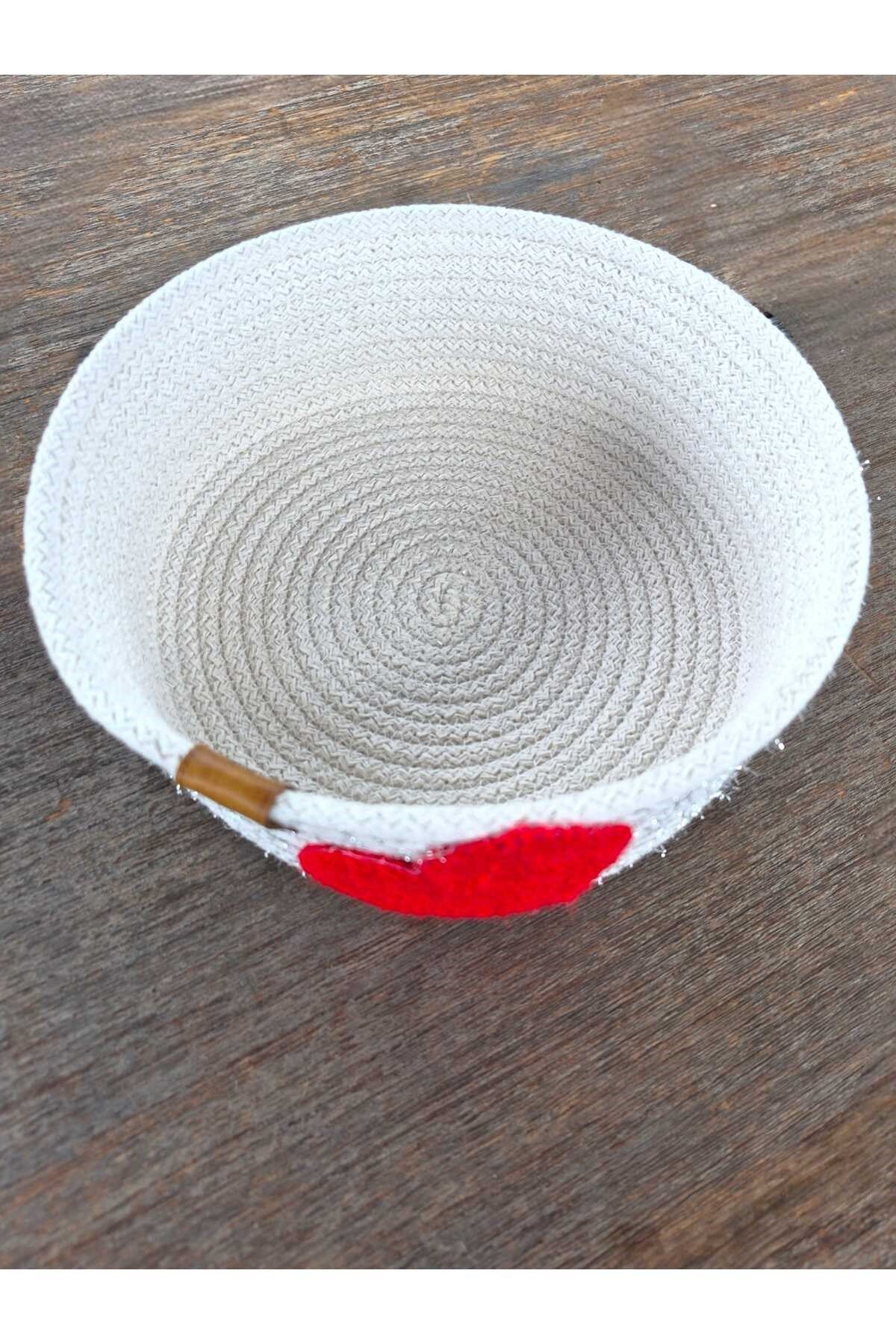 Kalp Detaylı Dekoratif Örgü Sepet | Çok Amaçlı Organizer | Şık Saklama Sepeti | 20x7 cm
