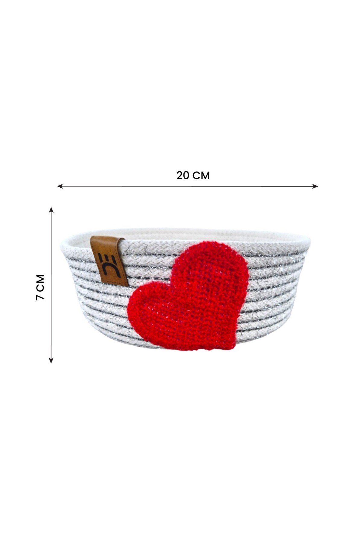 Kalp Detaylı Dekoratif Örgü Sepet | Çok Amaçlı Organizer | Şık Saklama Sepeti | 20x7 cm