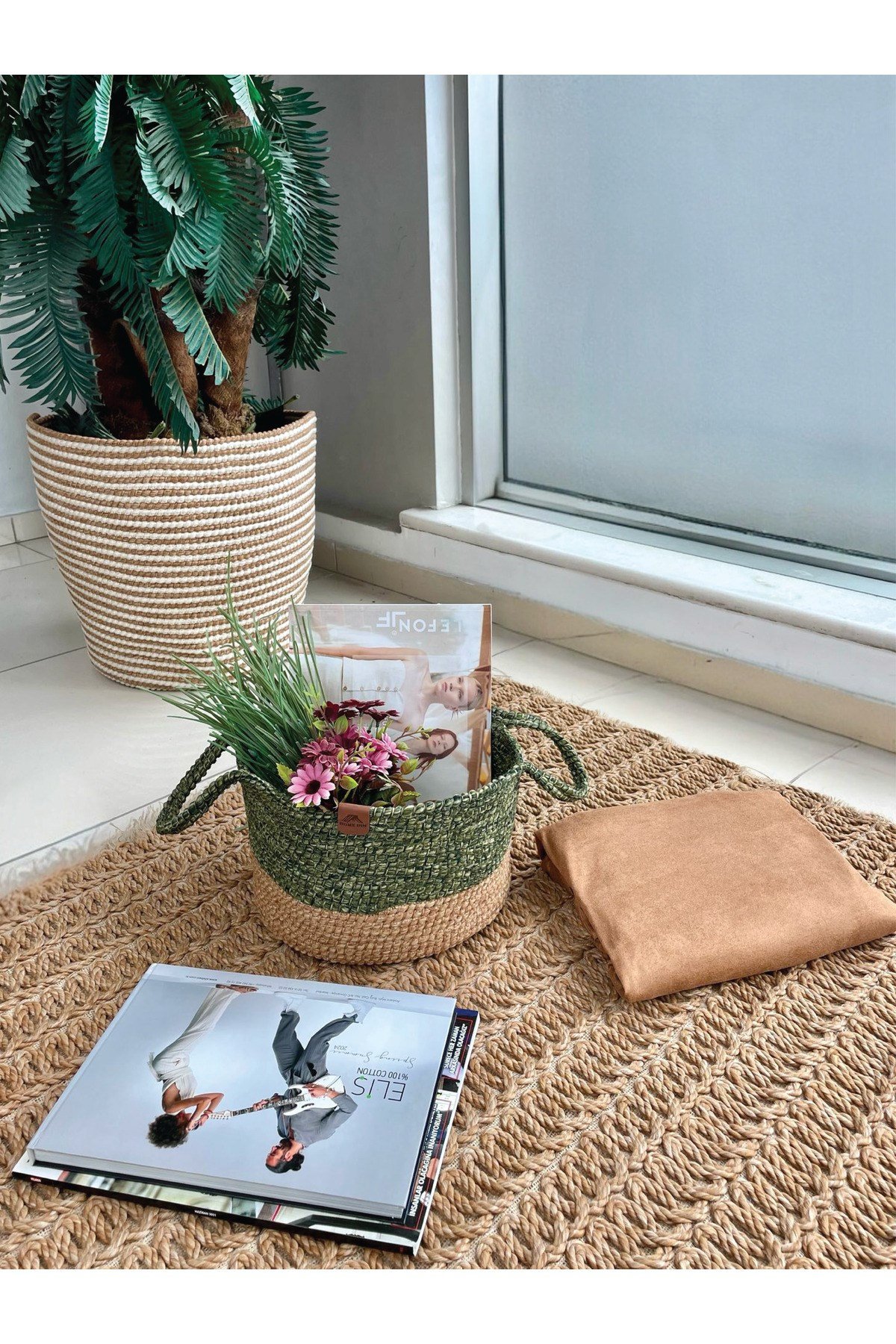 Kulplu Düzenleyici Sepet Leke Tutmaz Natural-Yeşil 31x20 cm