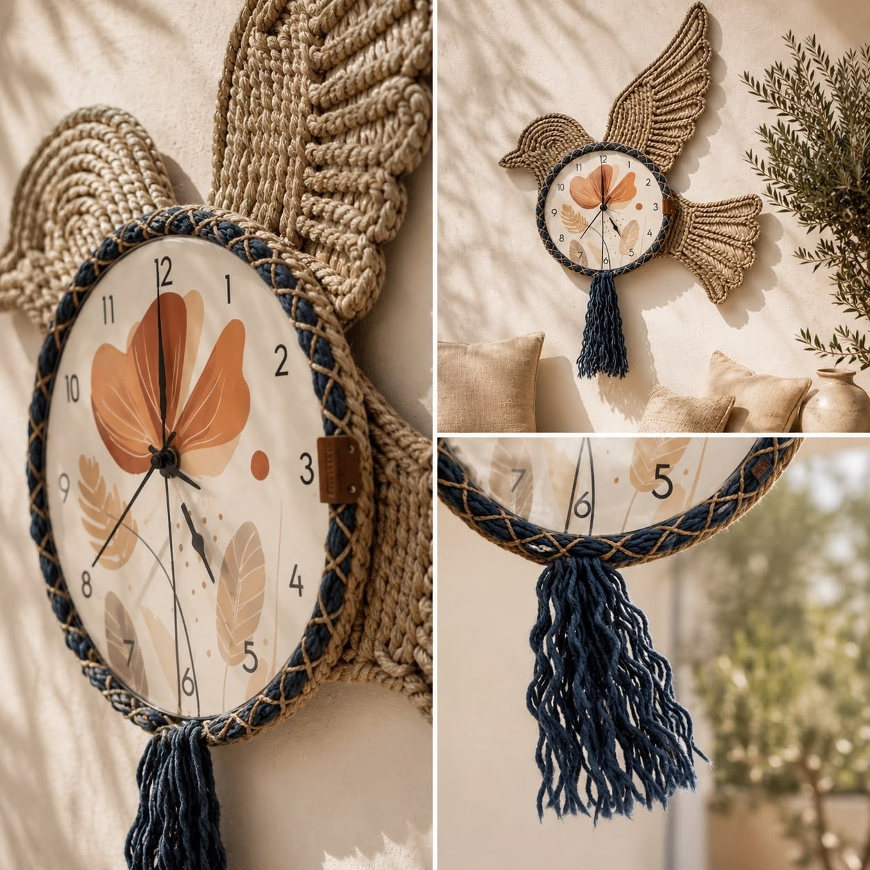 Kuş Figürlü Makrome Duvar Saati 43 cm | El Örgüsü Bohem Dekoratif Saat | Salon, Balkon, Antre ve Yazlık Ev Dekoru