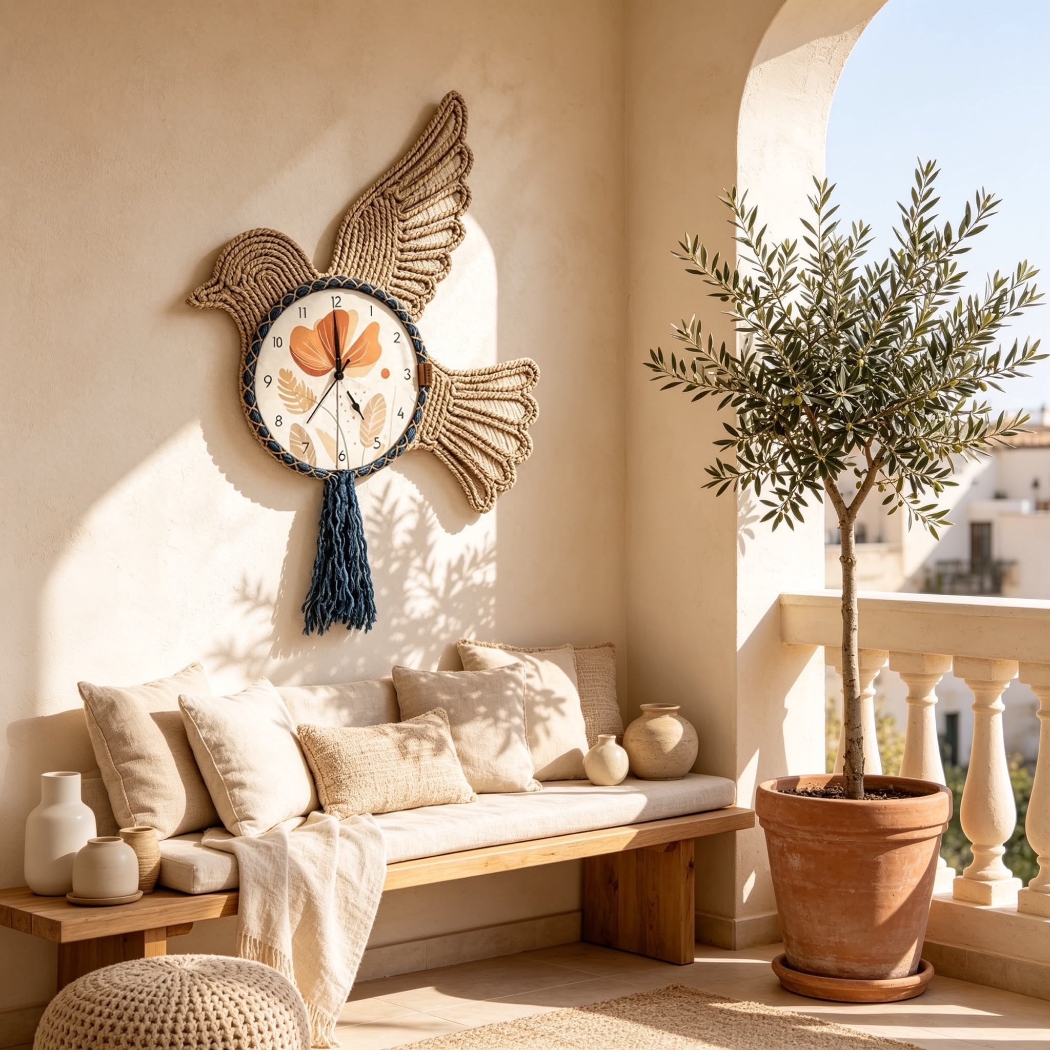 Kuş Figürlü Makrome Duvar Saati 43 cm | El Örgüsü Bohem Dekoratif Saat | Salon, Balkon, Antre ve Yazlık Ev Dekoru