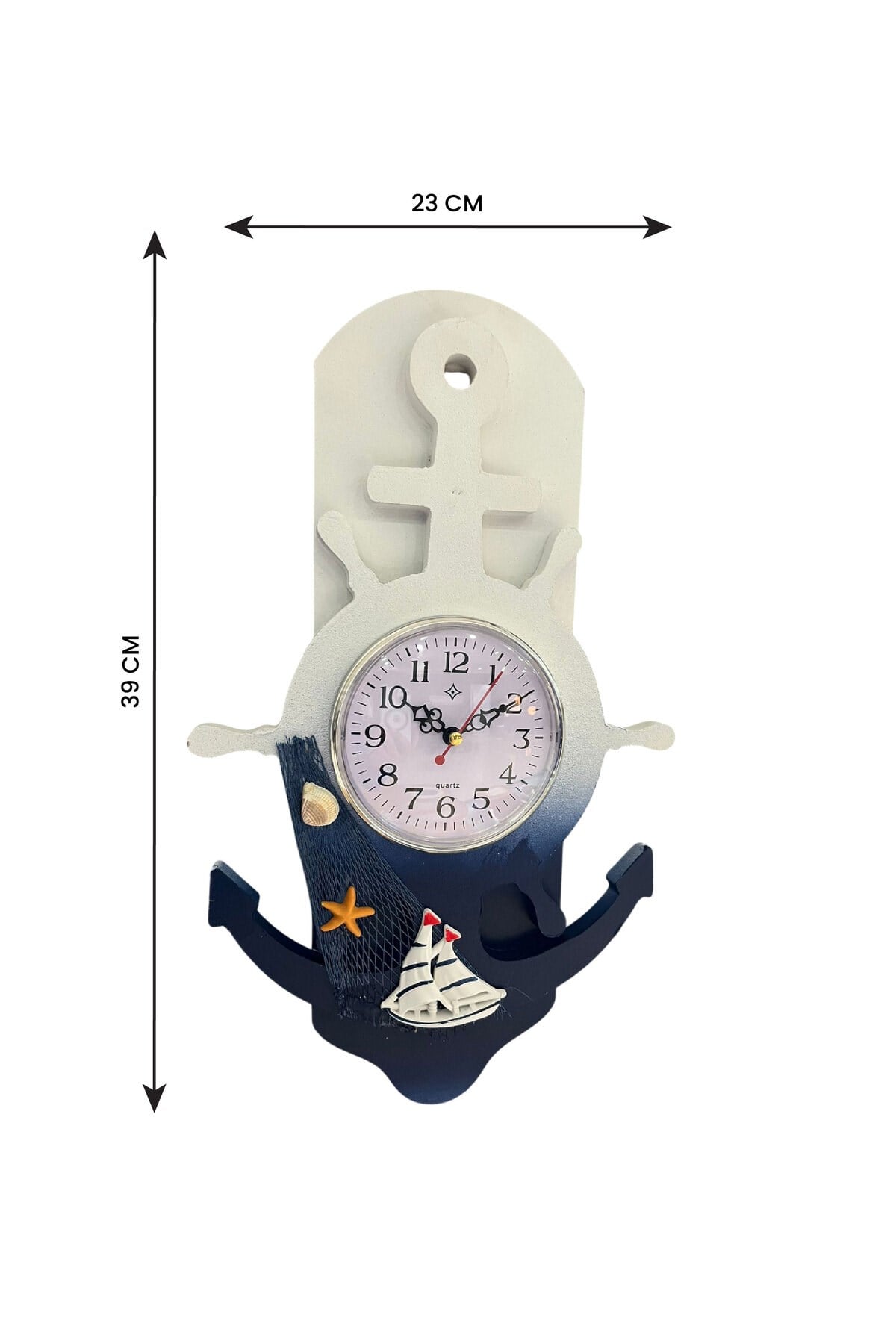 Marin Çapa Tasarımlı Dekoratif Duvar Saati | Deniz Temalı Büyük Boy Saat 39x23 cm