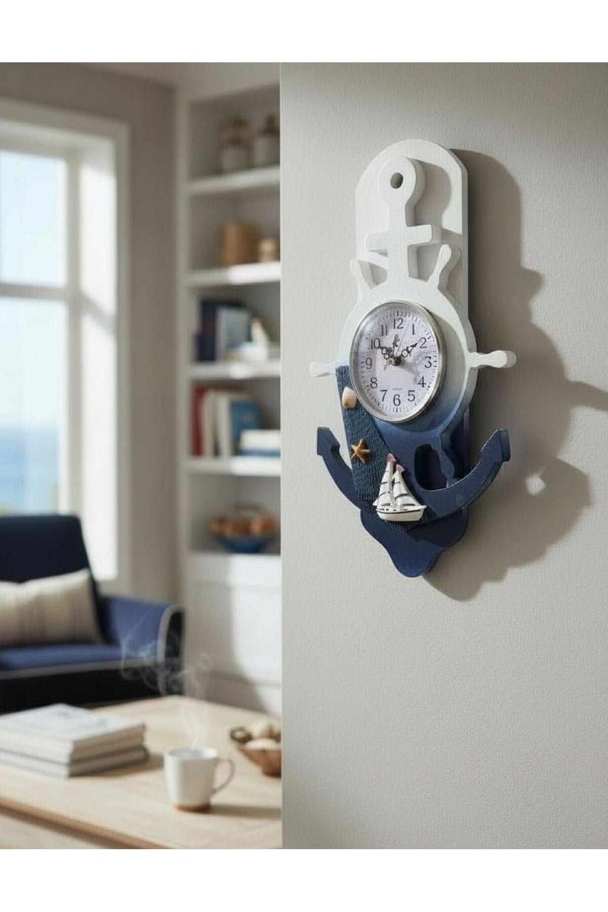 Marin Çapa Tasarımlı Dekoratif Duvar Saati | Deniz Temalı Büyük Boy Saat 39x23 cm