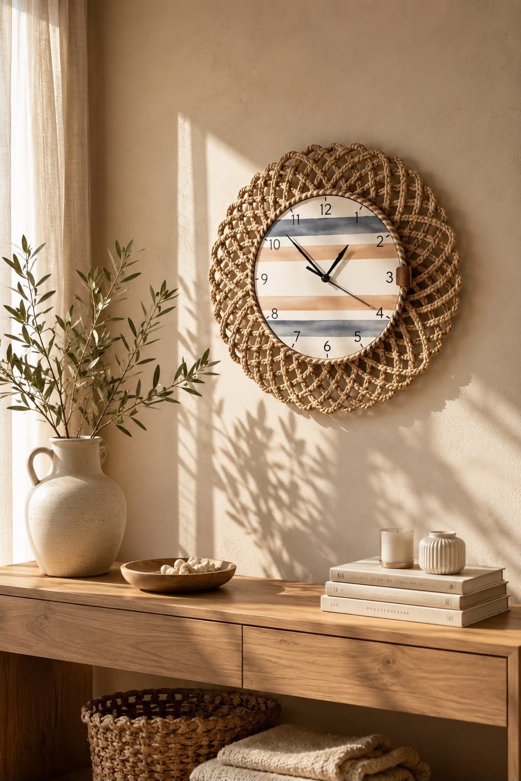 Modern Bohem Hasır Görünümlü Duvar Saati Mavi Bej Çizgili Dekoratif Salon Saati 43 CM