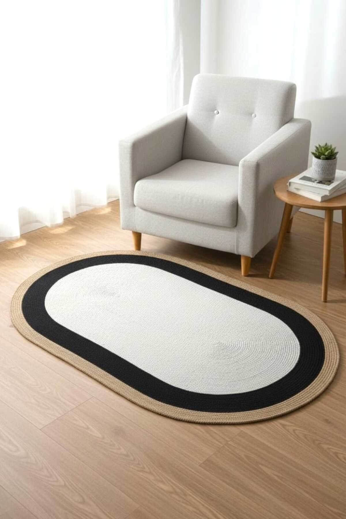 Modern İskandinav Oval Halı Siyah Çerçeveli Krem Dekoratif Salon Halısı 90x150 Cm Minimal Halı