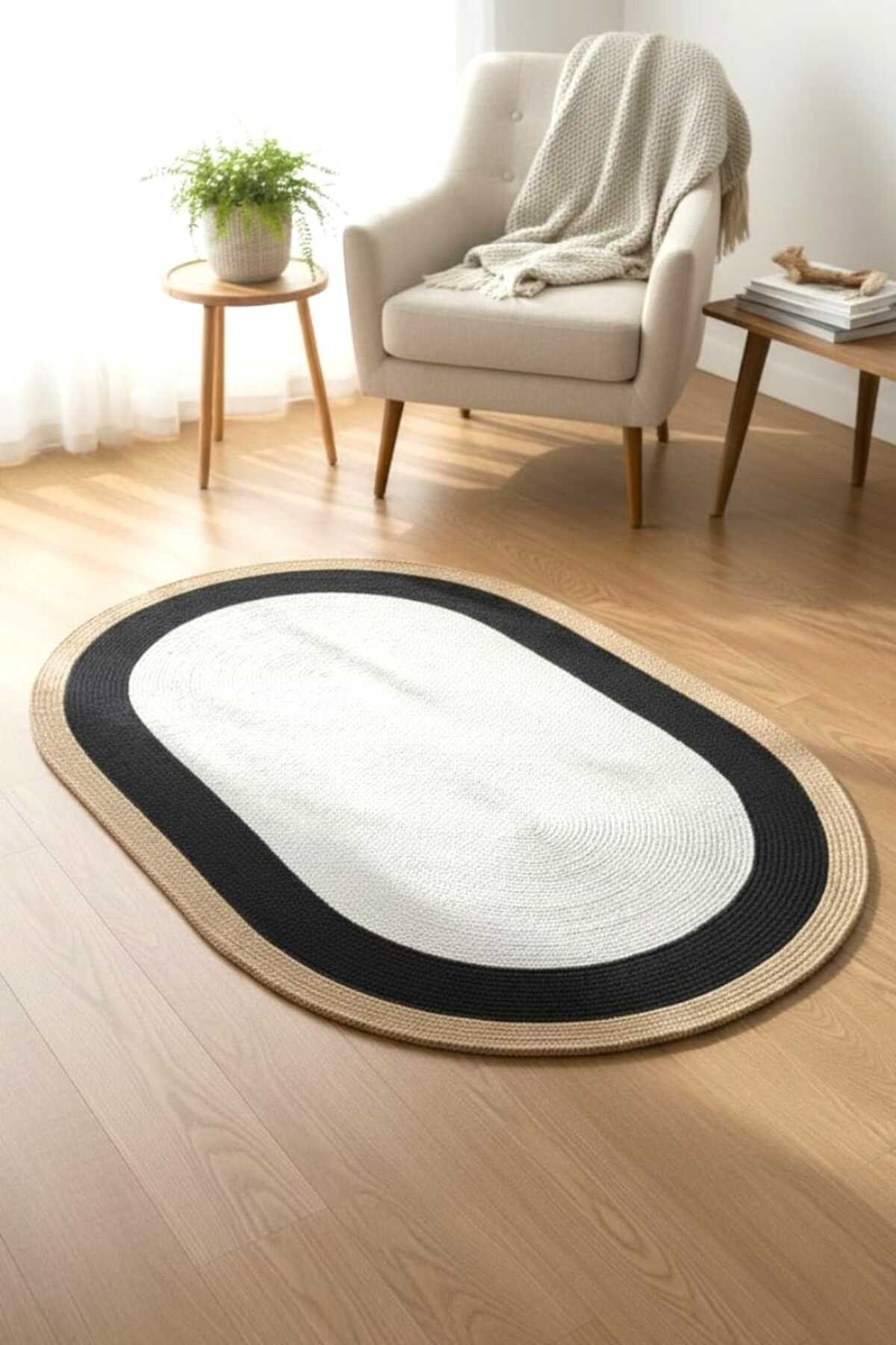 Modern İskandinav Oval Halı Siyah Çerçeveli Krem Dekoratif Salon Halısı 90x150 Cm Minimal Halı