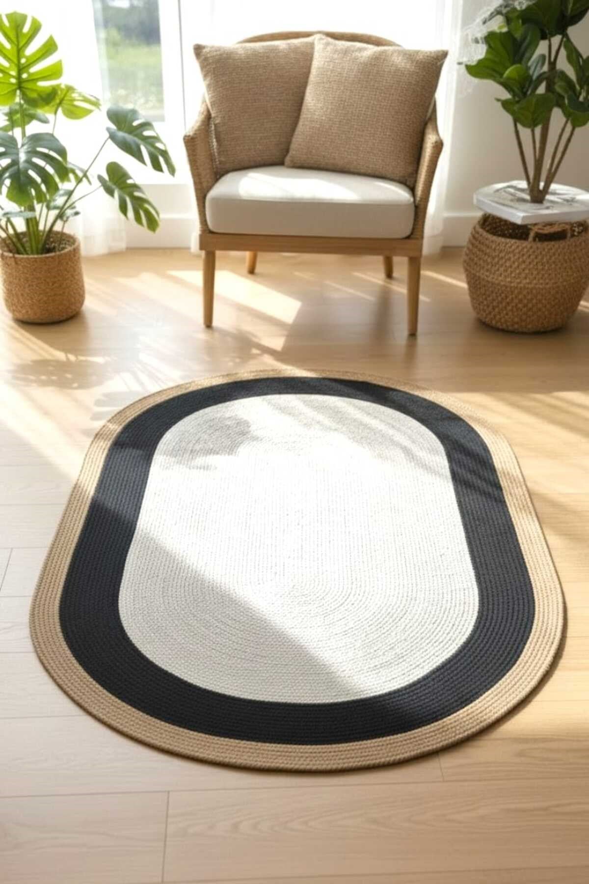 Modern İskandinav Oval Halı Siyah Çerçeveli Krem Dekoratif Salon Halısı 90x150 Cm Minimal Halı