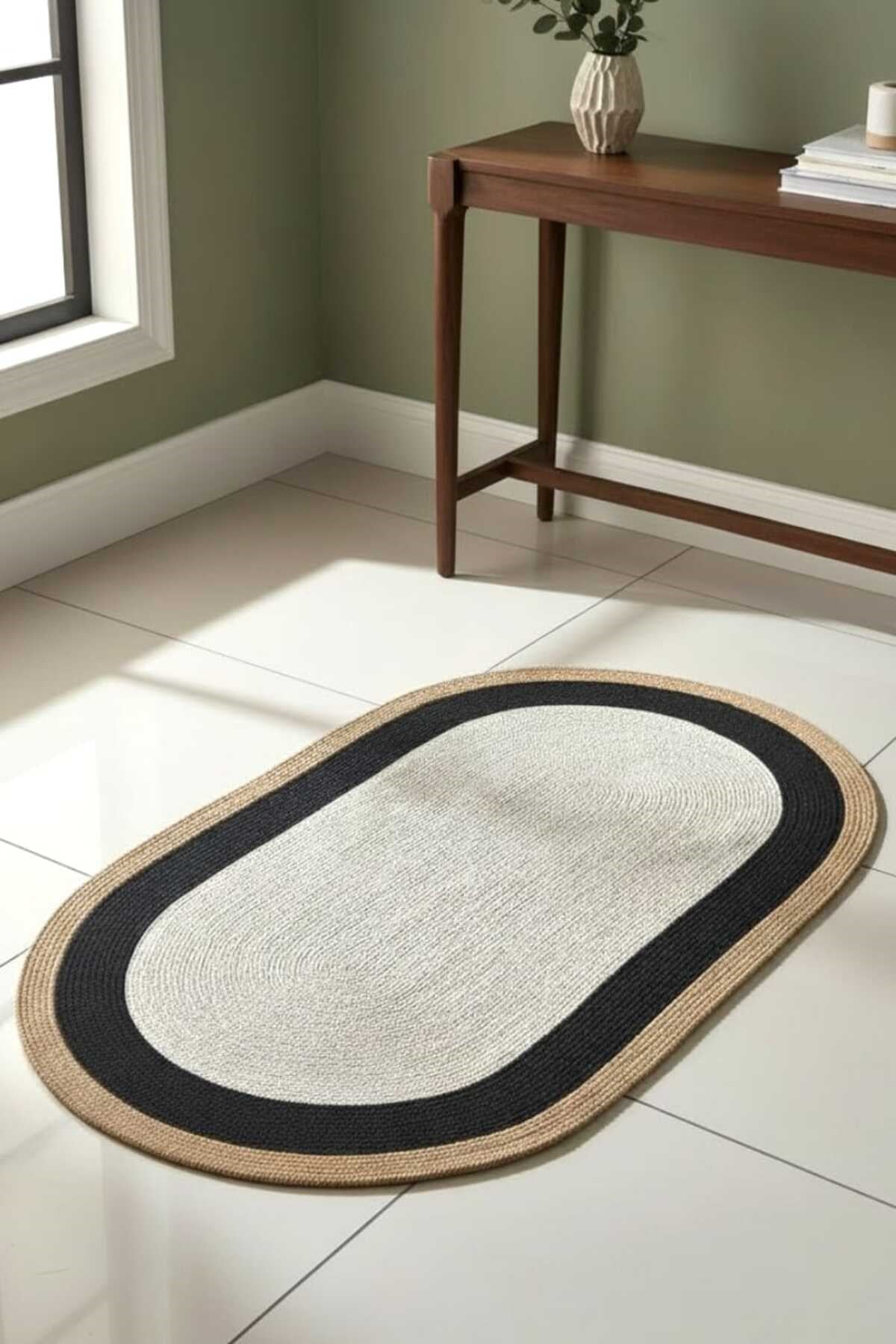 Modern İskandinav Oval Halı Siyah Çerçeveli Krem Dekoratif Salon Halısı 90x150 Cm Minimal Halı