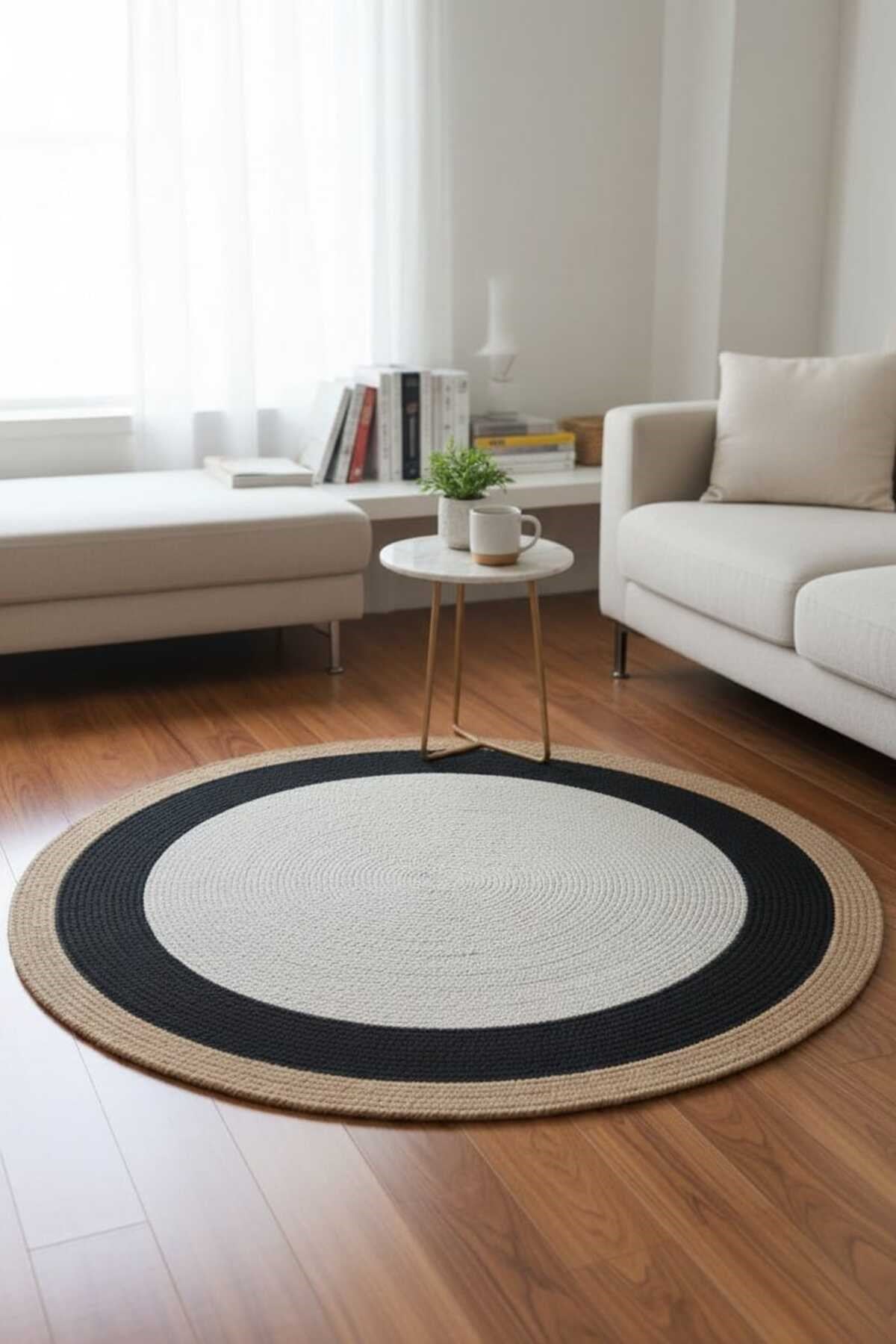 Modern İskandinav Yuvarlak Halı Siyah Çerçeveli Krem Dekoratif Salon Halısı Minimal Halı