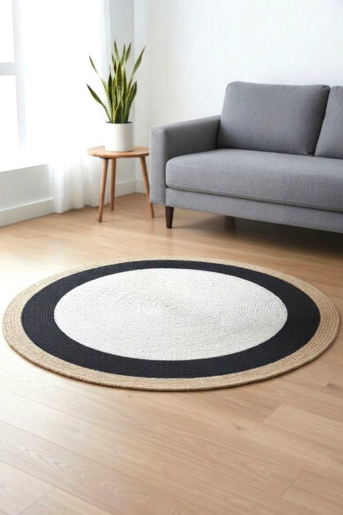 Modern İskandinav Yuvarlak Halı Siyah Çerçeveli Krem Dekoratif Salon Halısı Minimal Halı