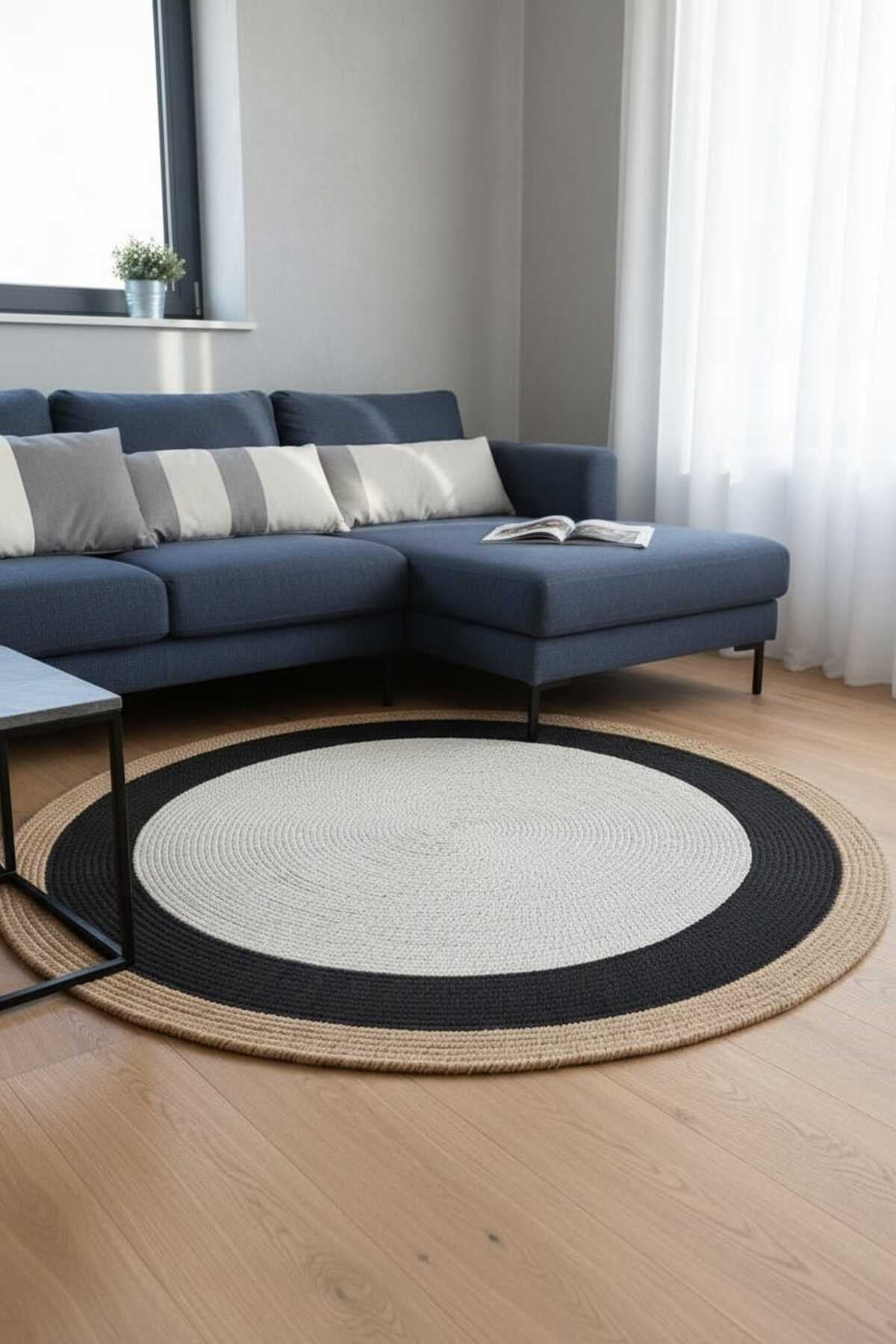 Modern İskandinav Yuvarlak Halı Siyah Çerçeveli Krem Dekoratif Salon Halısı Minimal Halı