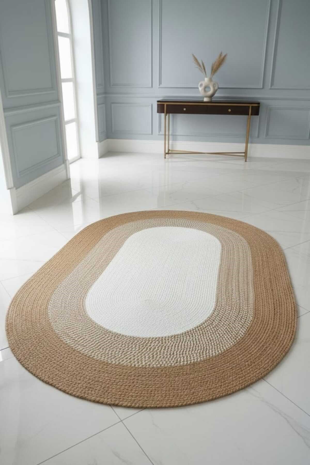 Modern Oval Halı Natural & Krem | Şık Dekoratif Salon Halısı | Minimal Bohem Ev Dekoru