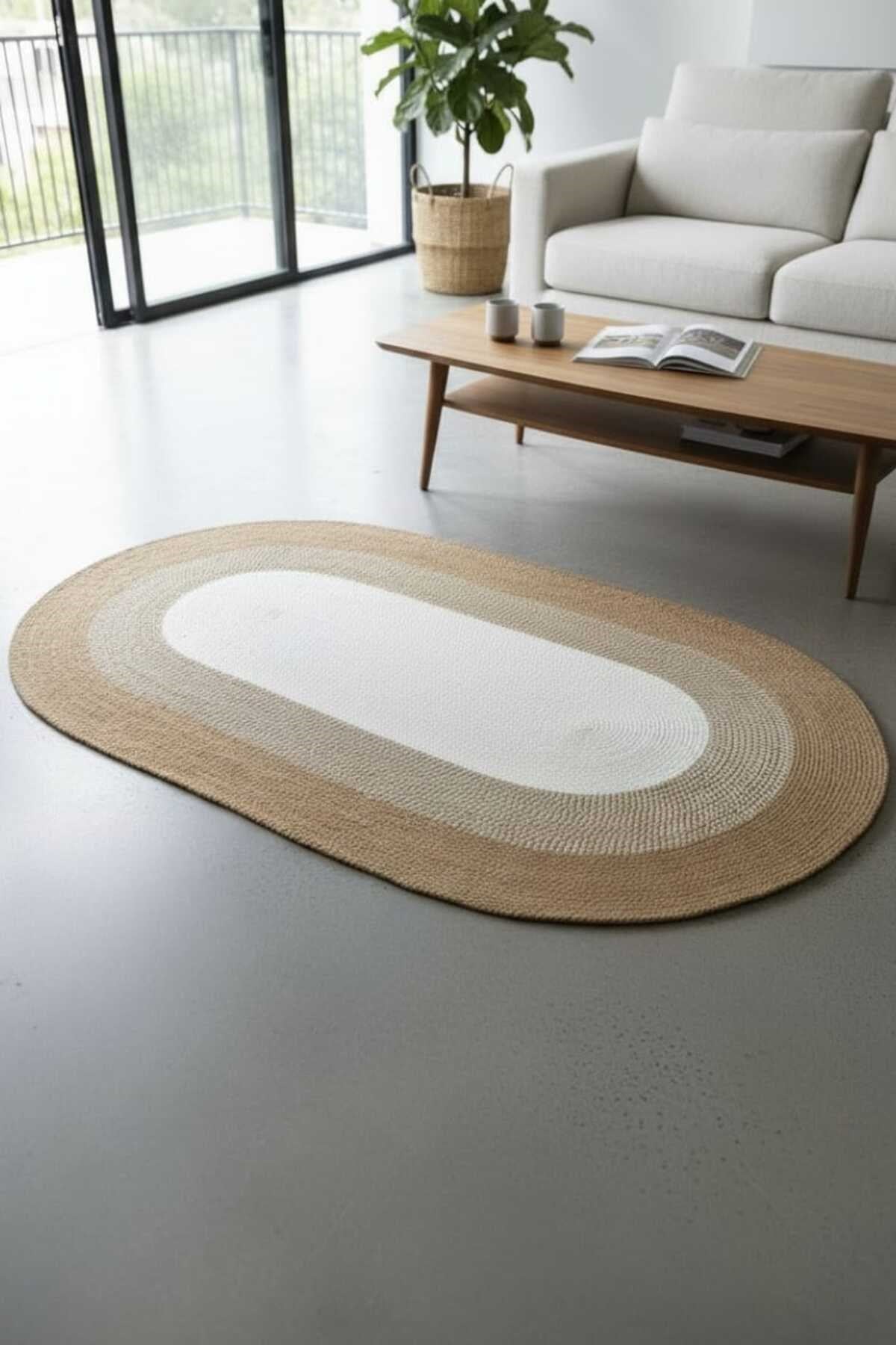 Modern Oval Halı Natural & Krem | Şık Dekoratif Salon Halısı | Minimal Bohem Ev Dekoru