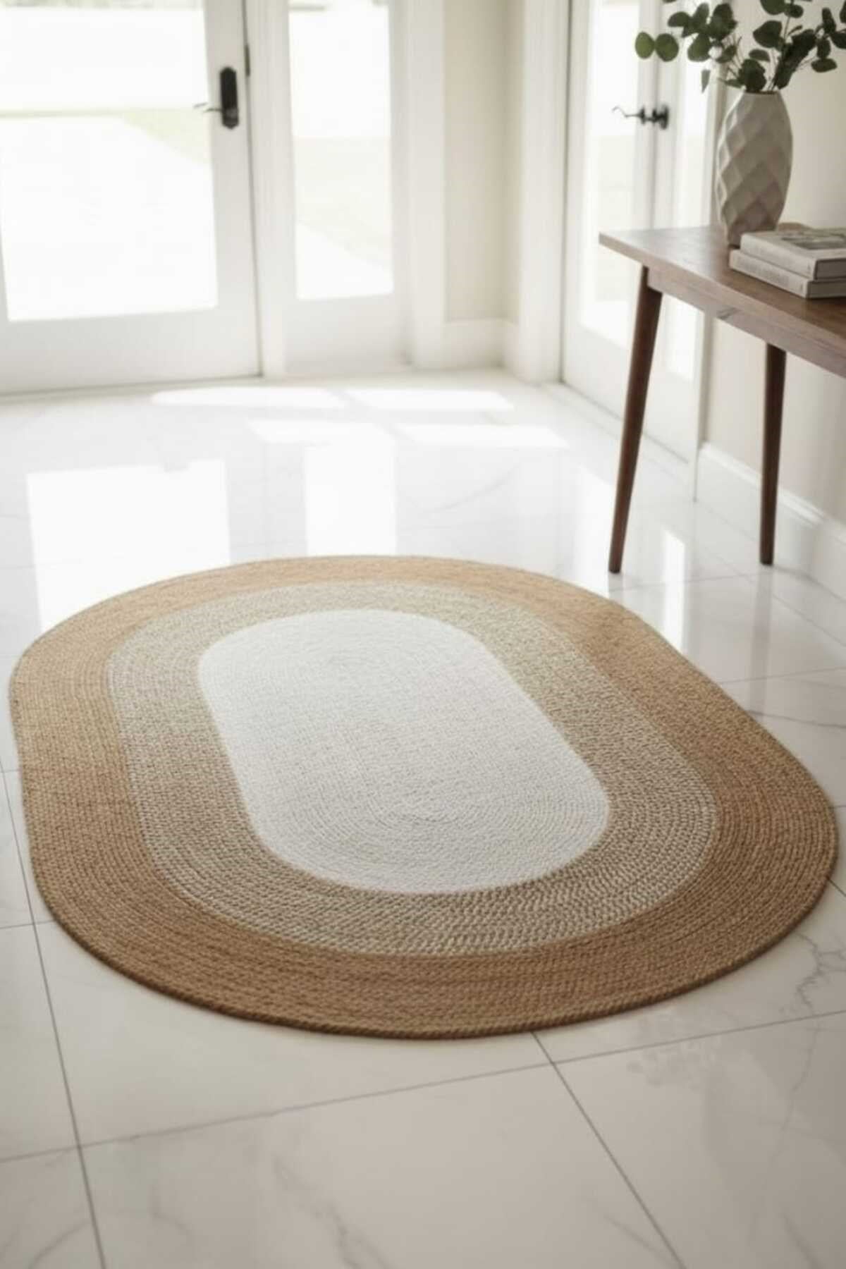 Modern Oval Halı Natural & Krem | Şık Dekoratif Salon Halısı | Minimal Bohem Ev Dekoru