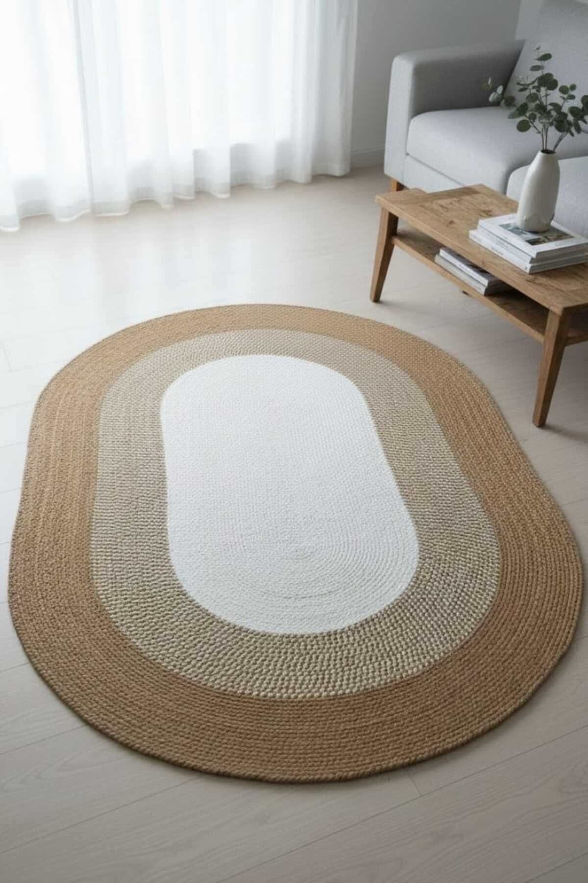 Modern Oval Halı Natural & Krem | Şık Dekoratif Salon Halısı | Minimal Bohem Ev Dekoru